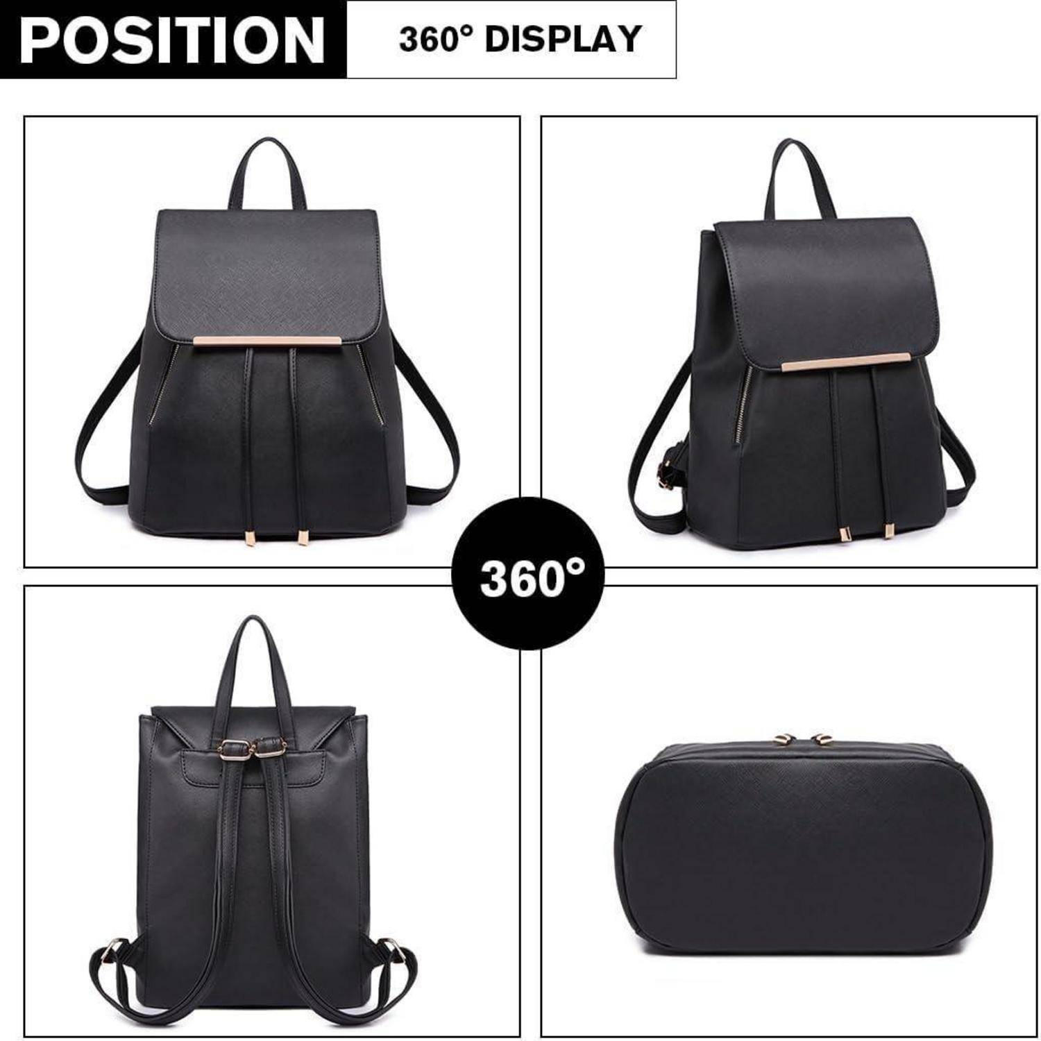 360°-Ansicht eines schwarzen Rucksacks mit Vorder-, Rück-, Seiten- und Unteransicht. Ausgestattet mit verstellbaren Trägern und goldfarbener Beschlägen.