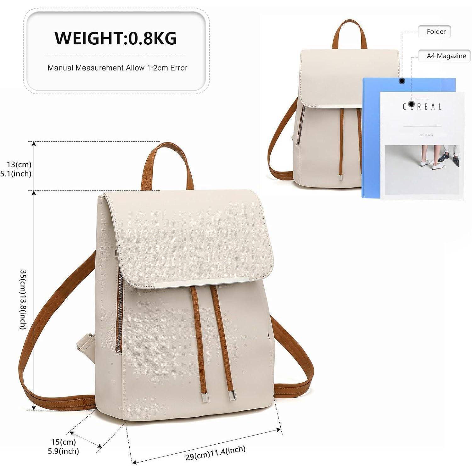 Ein cremefarbener Rucksack mit braunen Riemen wird gezeigt, mit folgenden Abmessungen: 29 cm Breite, 13 cm Höhe und 35 cm Riemenhöhe. Gewicht: 0,8 kg.