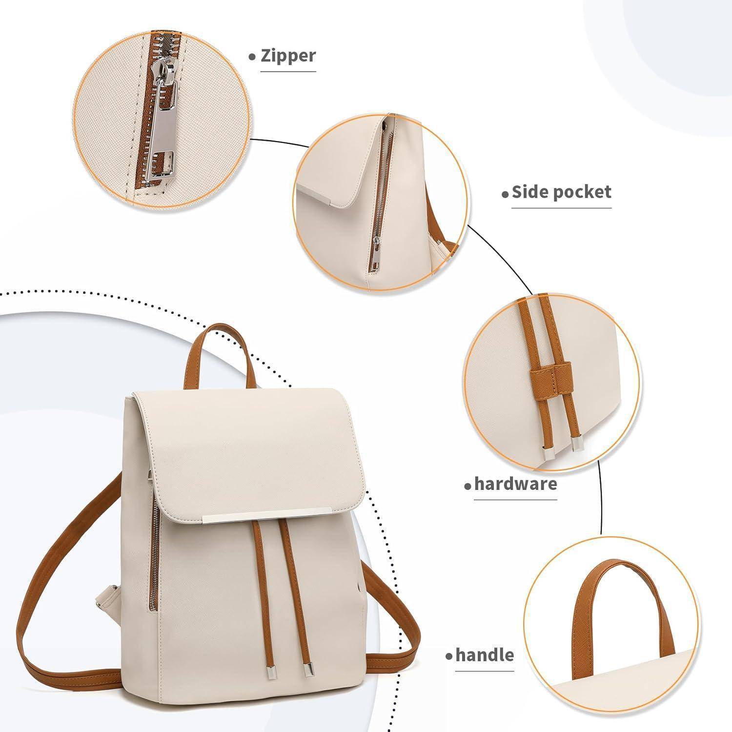 Cremefarbener Rucksack mit braunen Riemen. Hervorgehobene Merkmale sind Reißverschluss, Seitentasche, Beschläge und Griff.