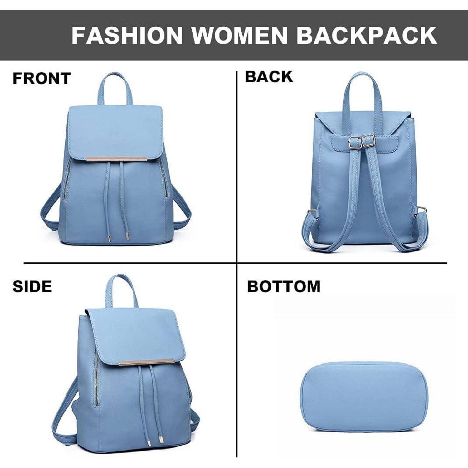 Blauer Rucksack von vorne, hinten, von der Seite und von unten abgebildet, mit dem Text 'Fashion Women Backpack' oben, der die Designmerkmale hervorhebt.