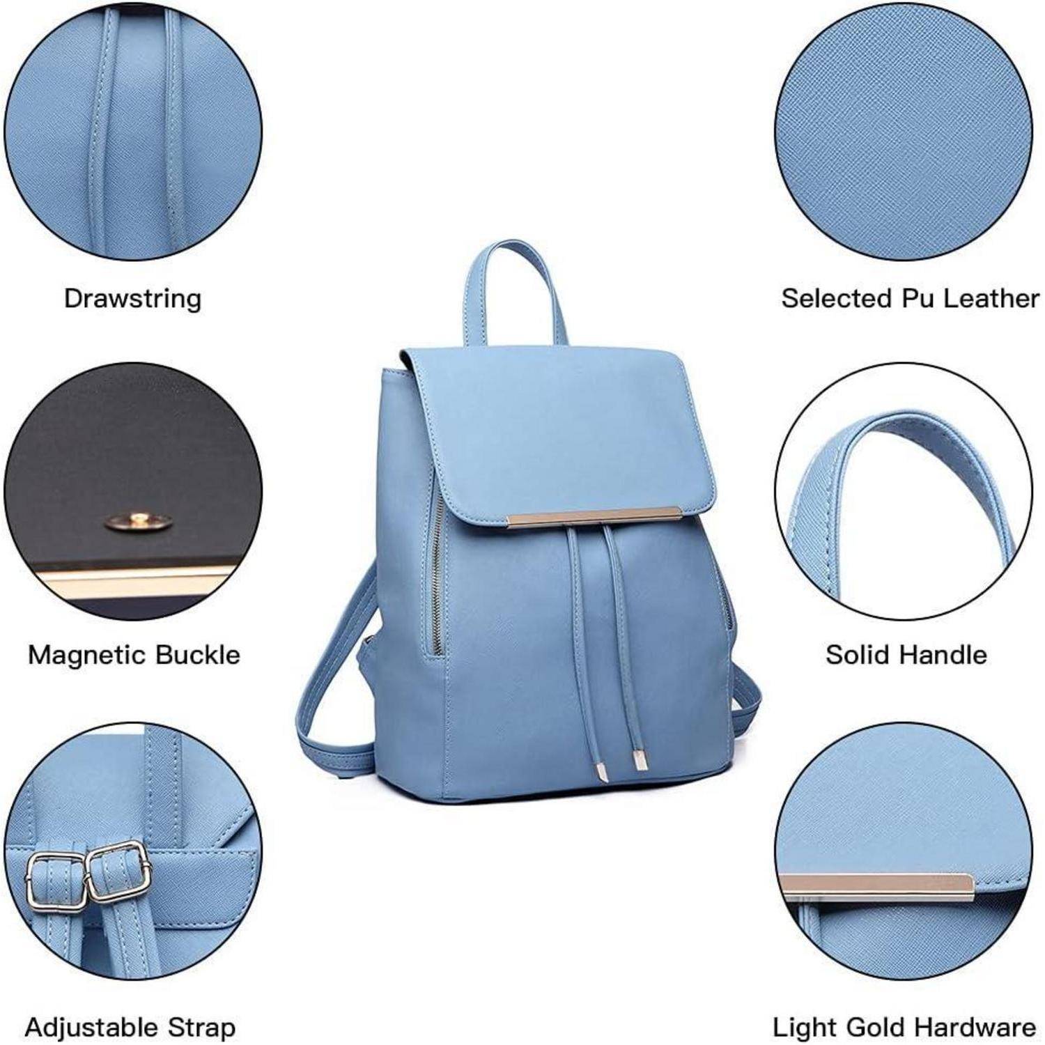 Ein blauer Rucksack mit folgenden Eigenschaften: Kordelzugverschluss, magnetische Schnalle, verstellbarer Träger, hellgoldene Beschläge, solider Griff, ausgewähltes PU-Leder.