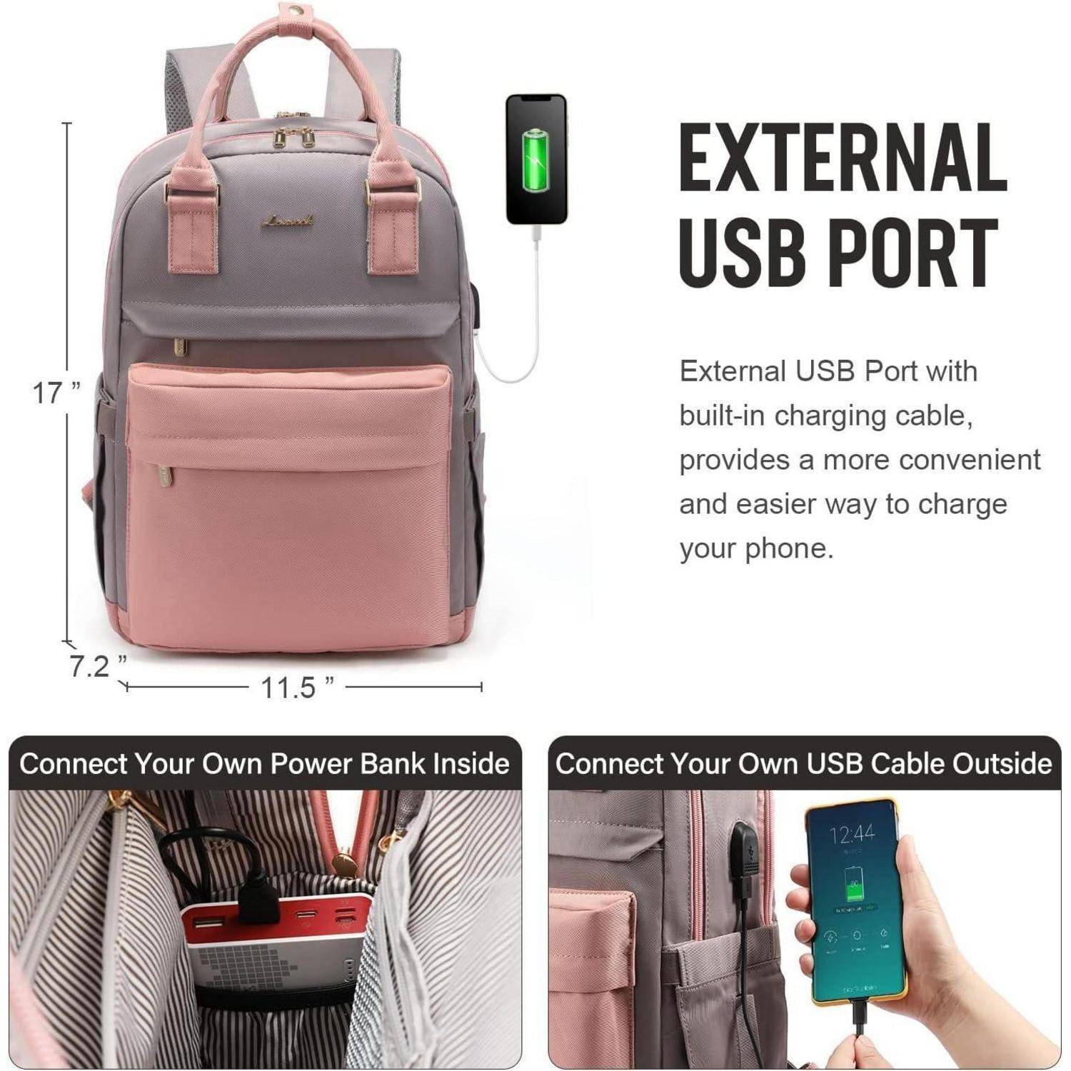 Rucksack mit externem USB-Anschluss verfügt über eingebautes Ladekabel für einfaches Aufladen des Telefons. Bilder zeigen internen Powerbank und externen Telefonanschluss.