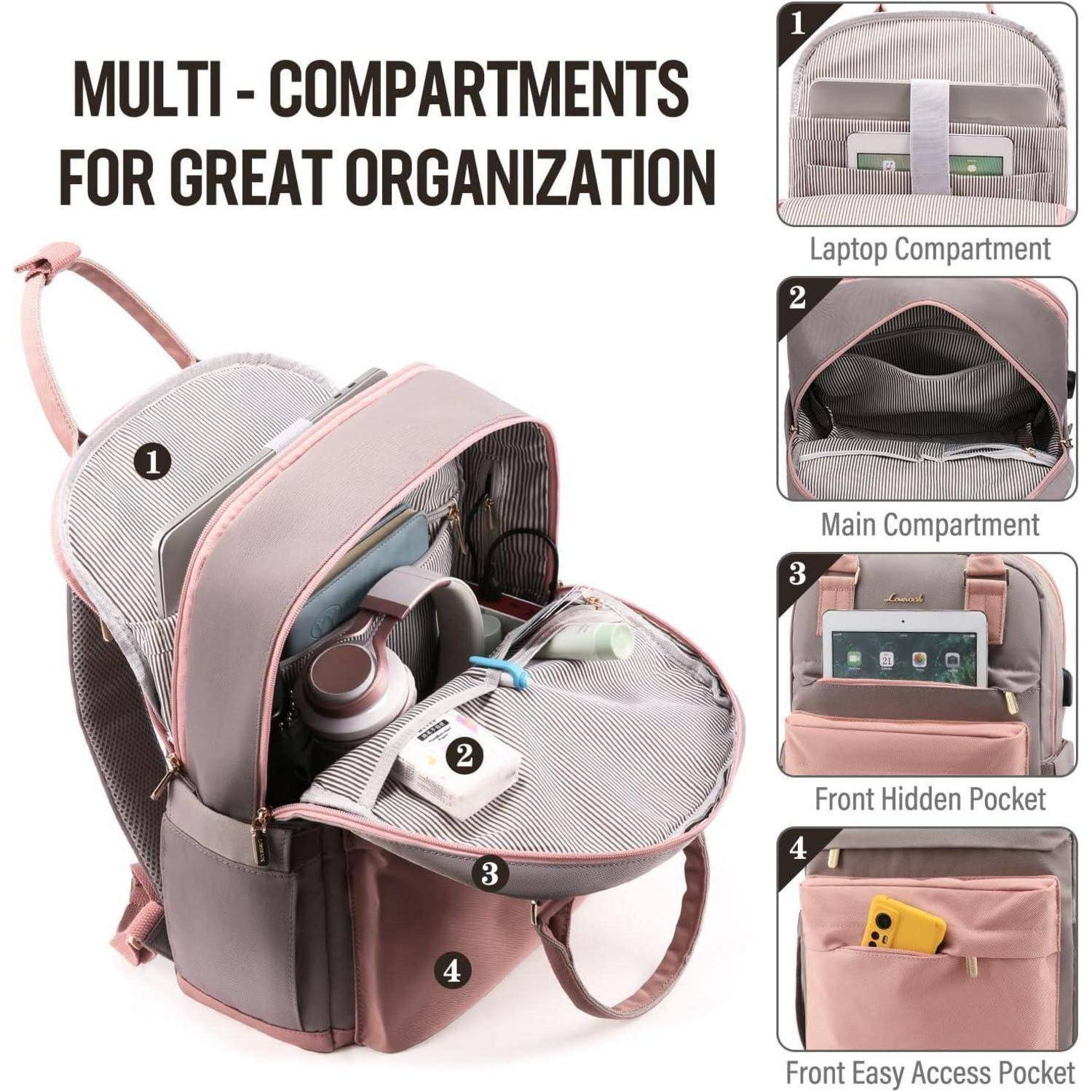 Ein rosa Rucksack mit dem Schriftzug 'Mehrere Fächer für perfekte Organisation'. Funktionen umfassen ein Laptopfach, den Hauptbereich, eine versteckte Tasche und eine leicht zugängliche Tasche.