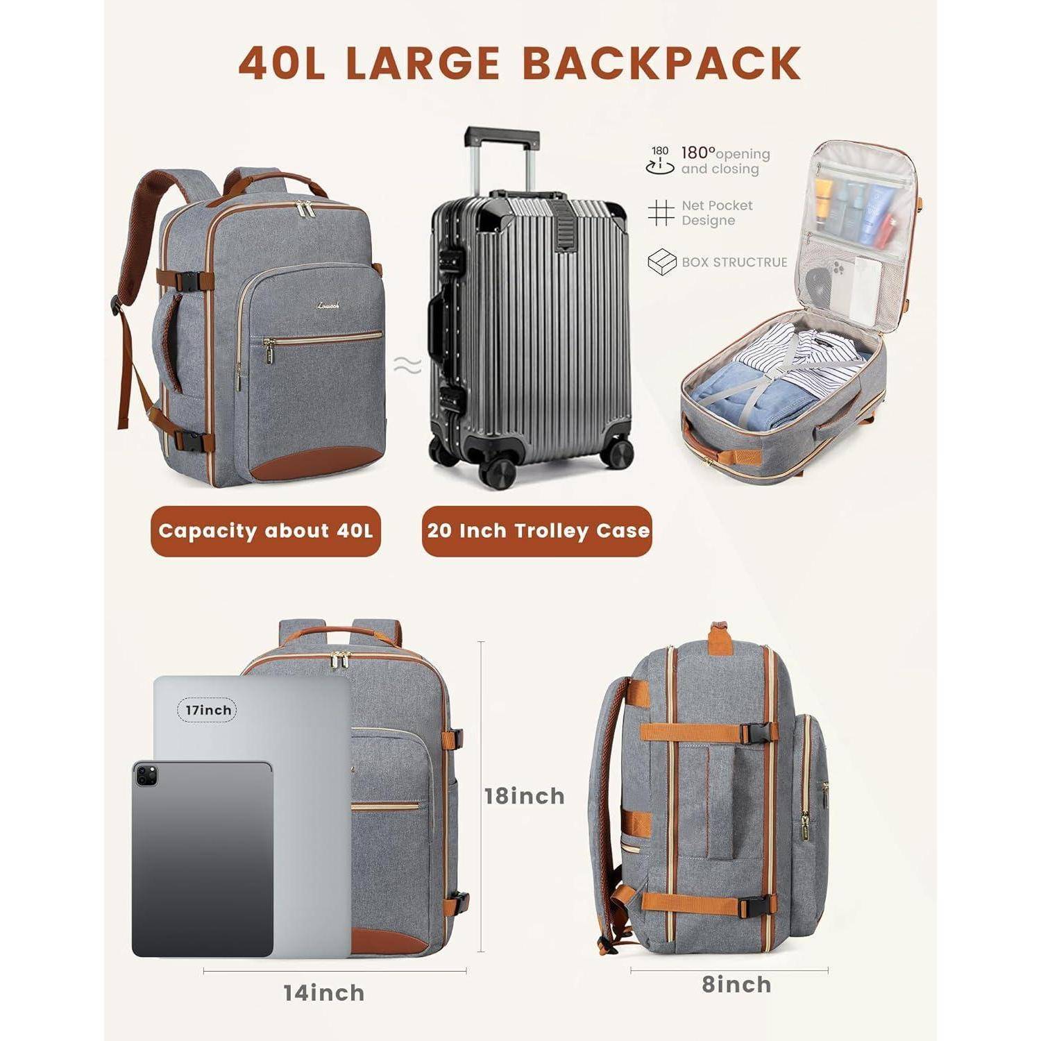 Handgepäck Rucksack 40L Reiserucksack Damen Groß Wasserdicht für 17