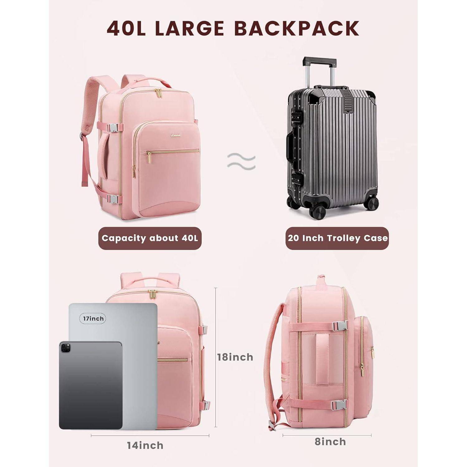 Handgepäck Rucksack Flugzeug 40L Damen Reiserucksack Wasserdicht 17