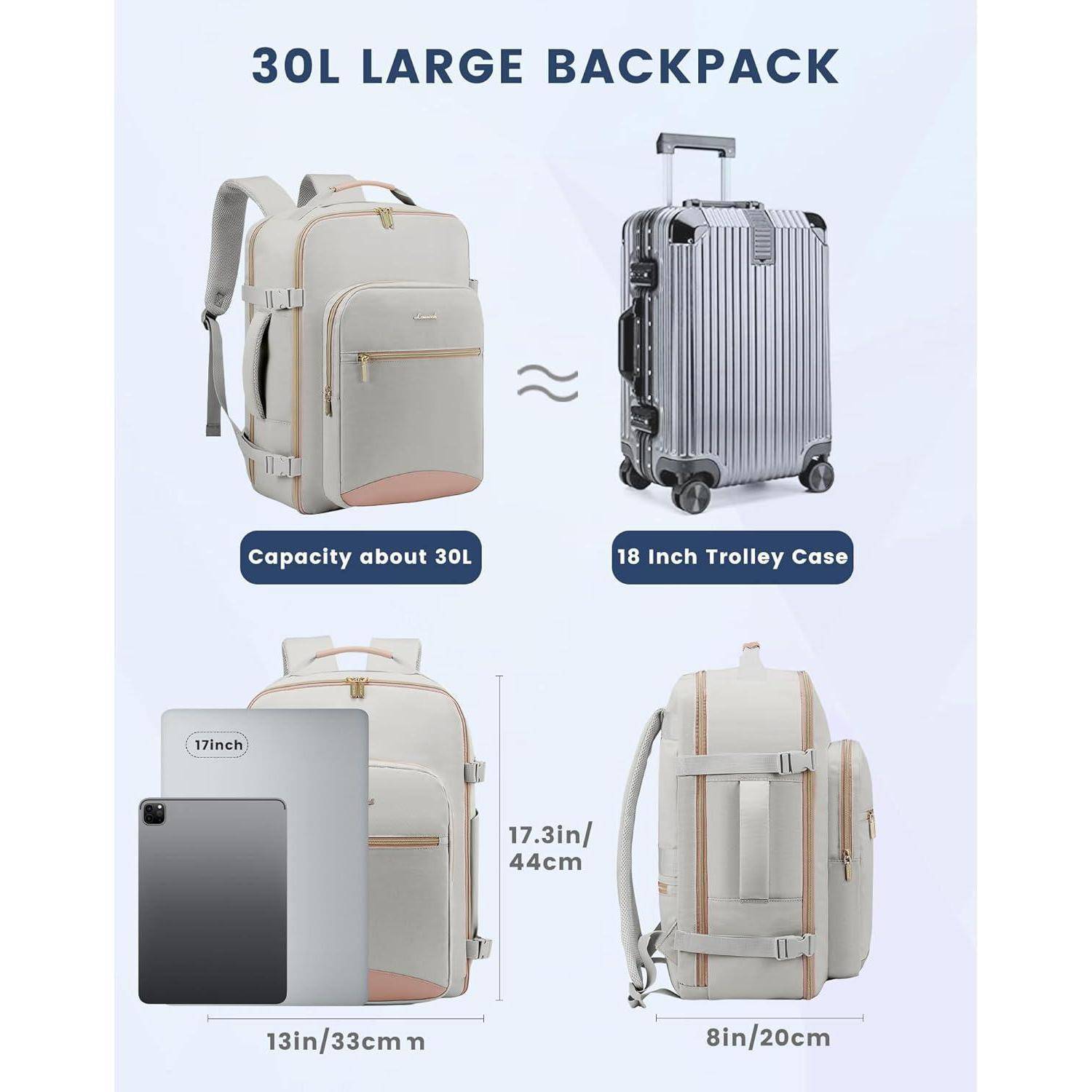 Handgepäck Rucksack 40L Damen 17 Zoll Laptop Reisetasche Waterproof