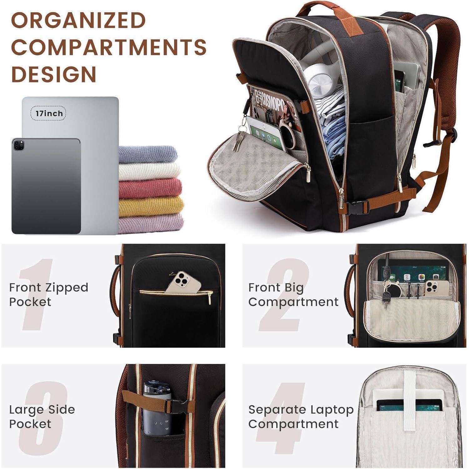 Rucksack-Design mit folgenden Merkmalen: Vordere Reißverschlusstasche, großes Vorderfach, große Seitentasche und separates Laptopfach für optimale Organisation.