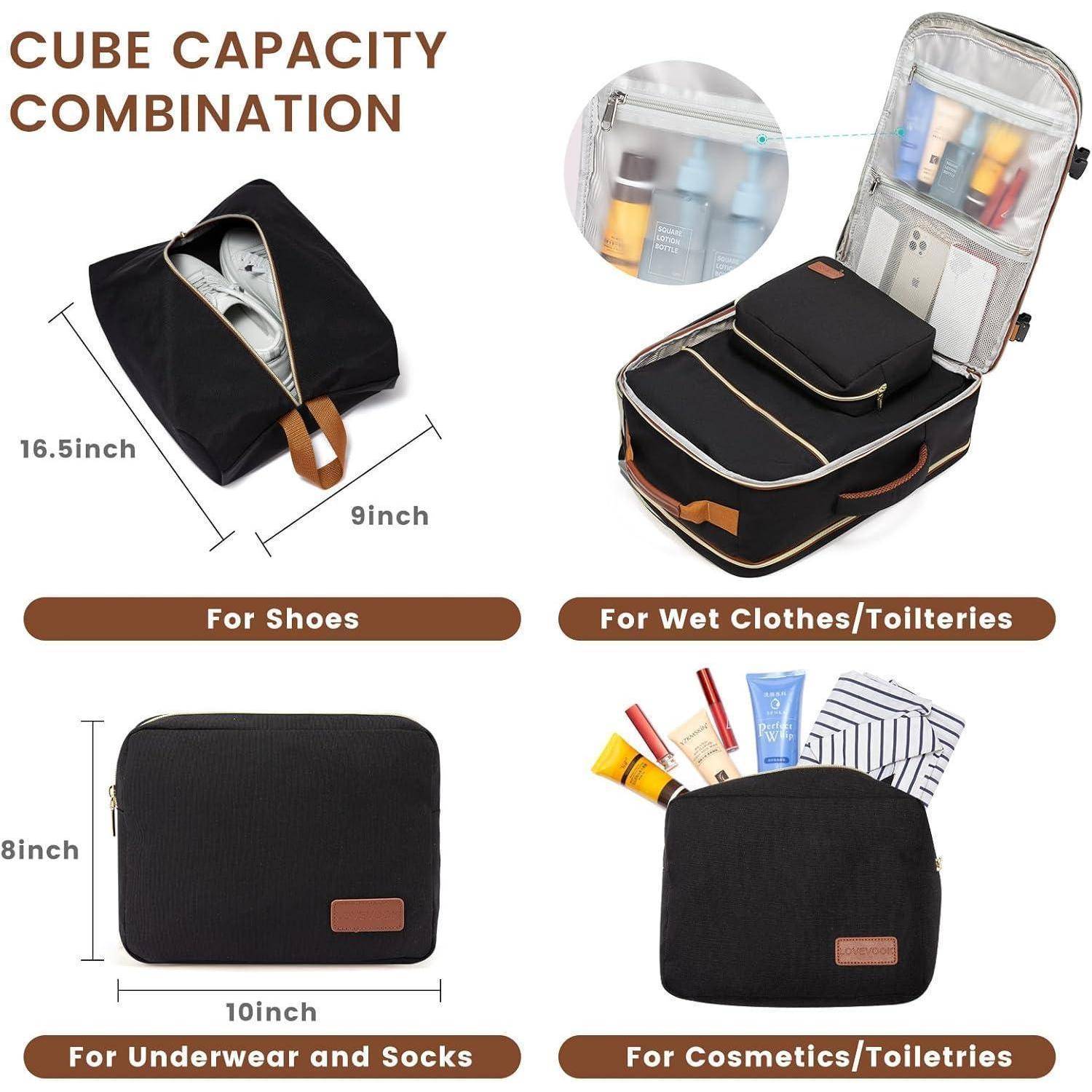 Gepäckorganisations-Set mit Fächern, beschriftet für Schuhe, nasse Kleidung/Toilettenartikel, Unterwäsche und Socken sowie Kosmetik. Abmessungen dargestellt.