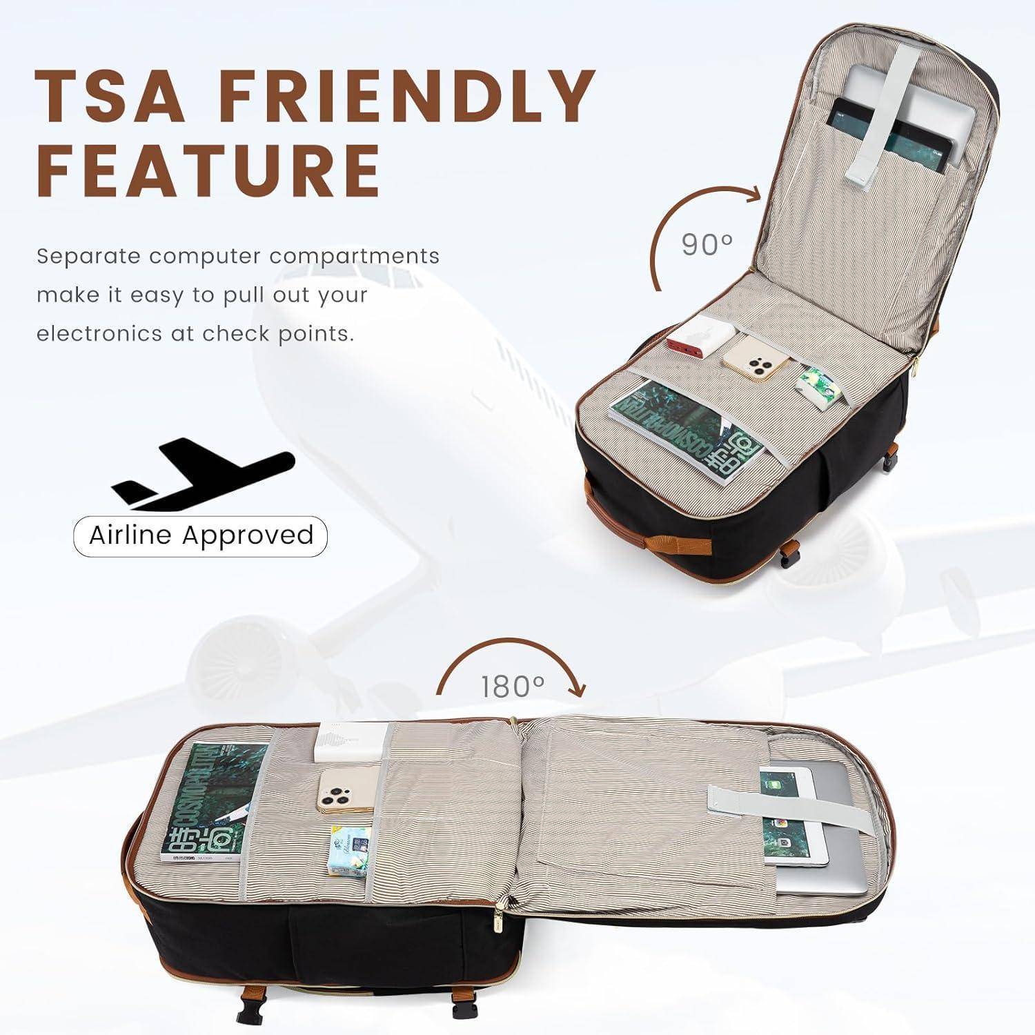 TSA-freundliche Funktion: Separate Computerabteile öffnen sich 90°-180° für einfachen Elektronik-Zugang an Kontrollpunkten. Von Fluggesellschaften zugelassen.