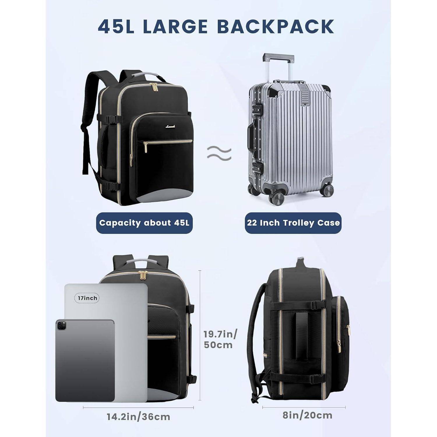 Handgepäck Rucksack 40L Groß Damen Reiserucksack Schwarz+grau