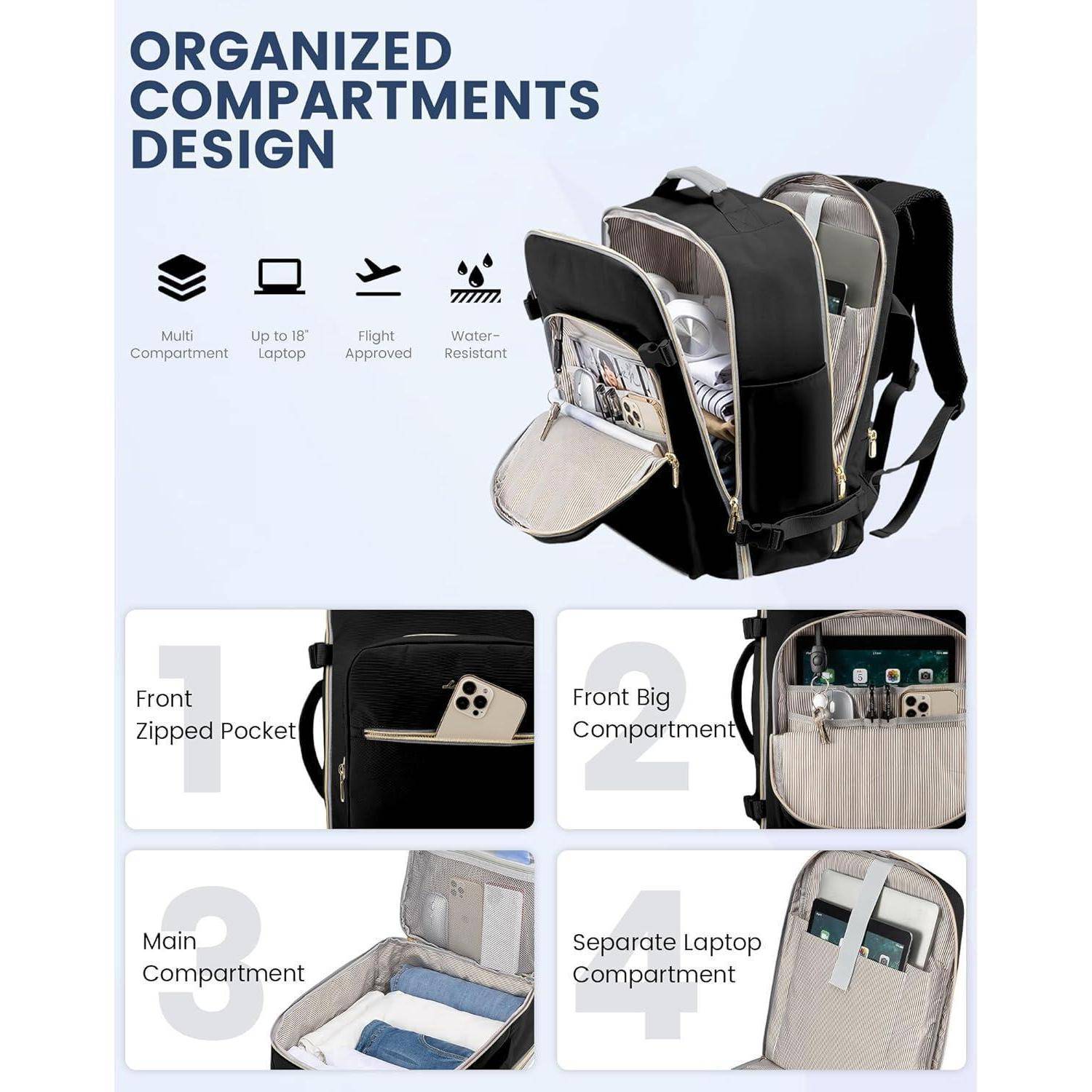 Handgepäck Rucksack 40L Groß Damen Reiserucksack Schwarz+grau