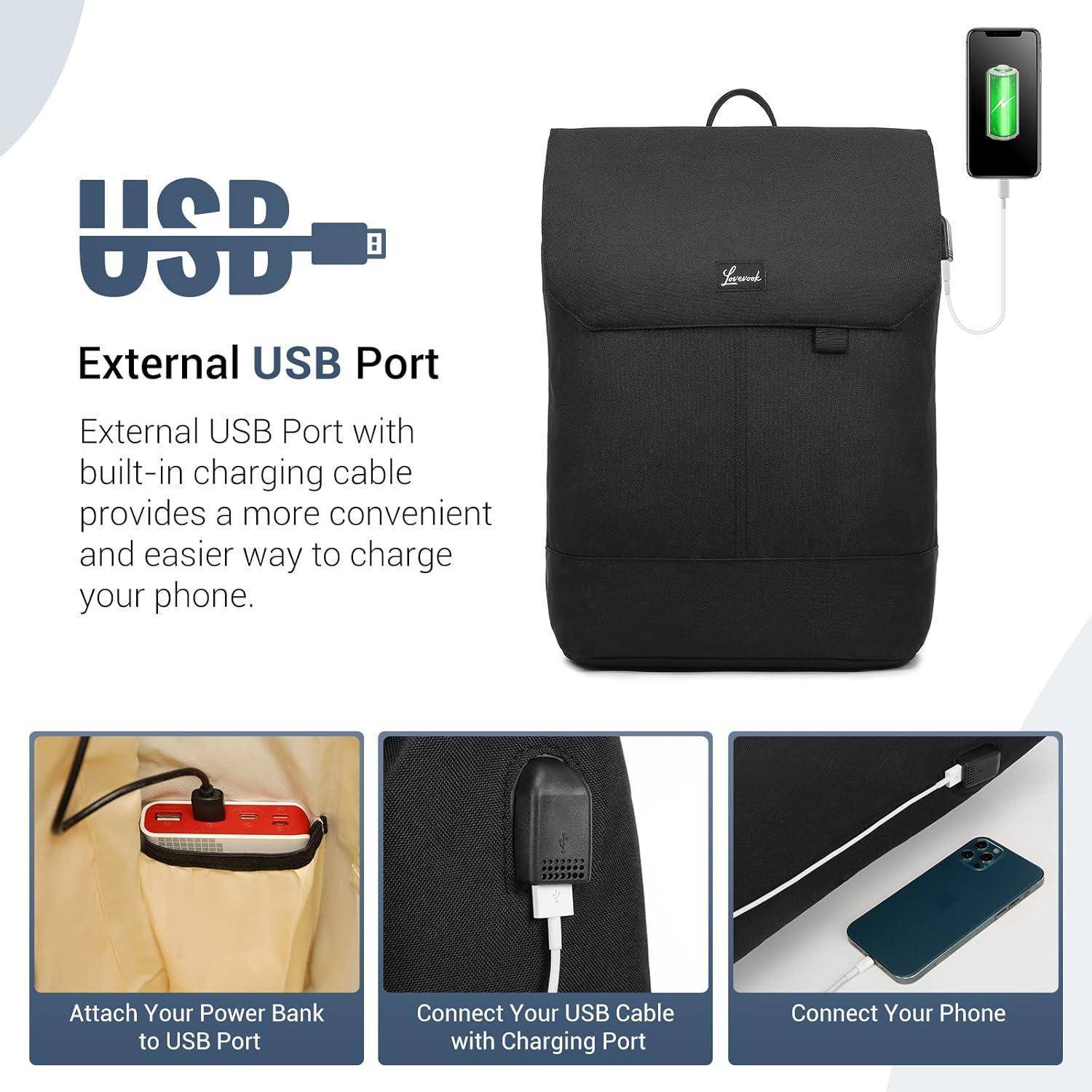Schwarzer Rucksack mit externem USB-Anschluss zum Laden von Geräten. Enthält Abbildungen zur Verbindung eines Powerbanks, USB-Kabels und Telefons.