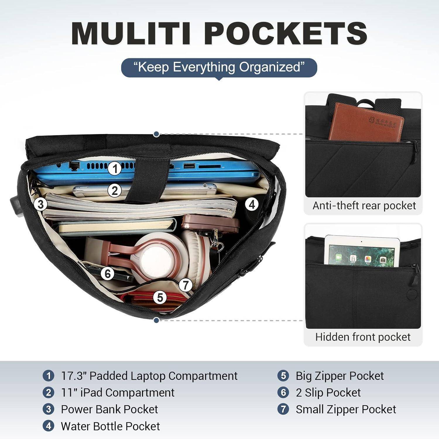 Umhängetasche mit mehreren Taschen zur Organisation von Gegenständen, einschließlich gepolsterter Laptop- und iPad-Fächer, einer diebstahlsicheren Rückentasche sowie Taschen für Flaschen und Powerbanks.