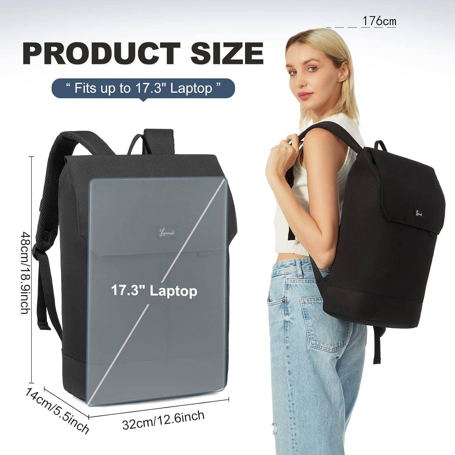 Schwarzer Rucksack passt für Laptops bis zu 17,3 Zoll. Abmessungen: 32 cm x 16,5 cm x 48 cm. Modell trägt den Rucksack.