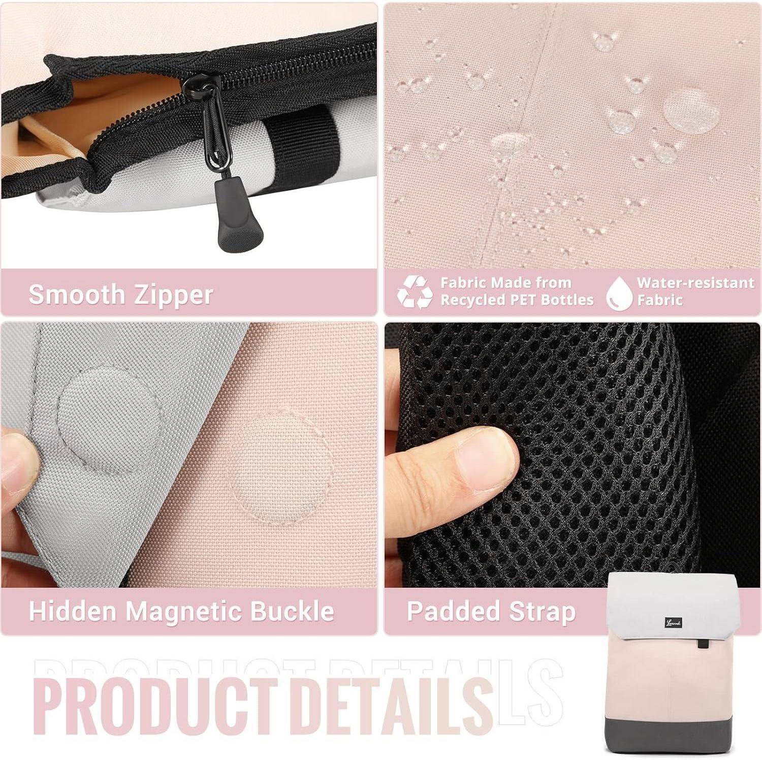 Produktdetails: Kollektion mit einem Rucksack, der einen glatten Reißverschluss, eine versteckte magnetische Schnalle, gepolsterte Träger und ein wasserabweisendes Gewebe aus recycelten PET-Flaschen aufweist.