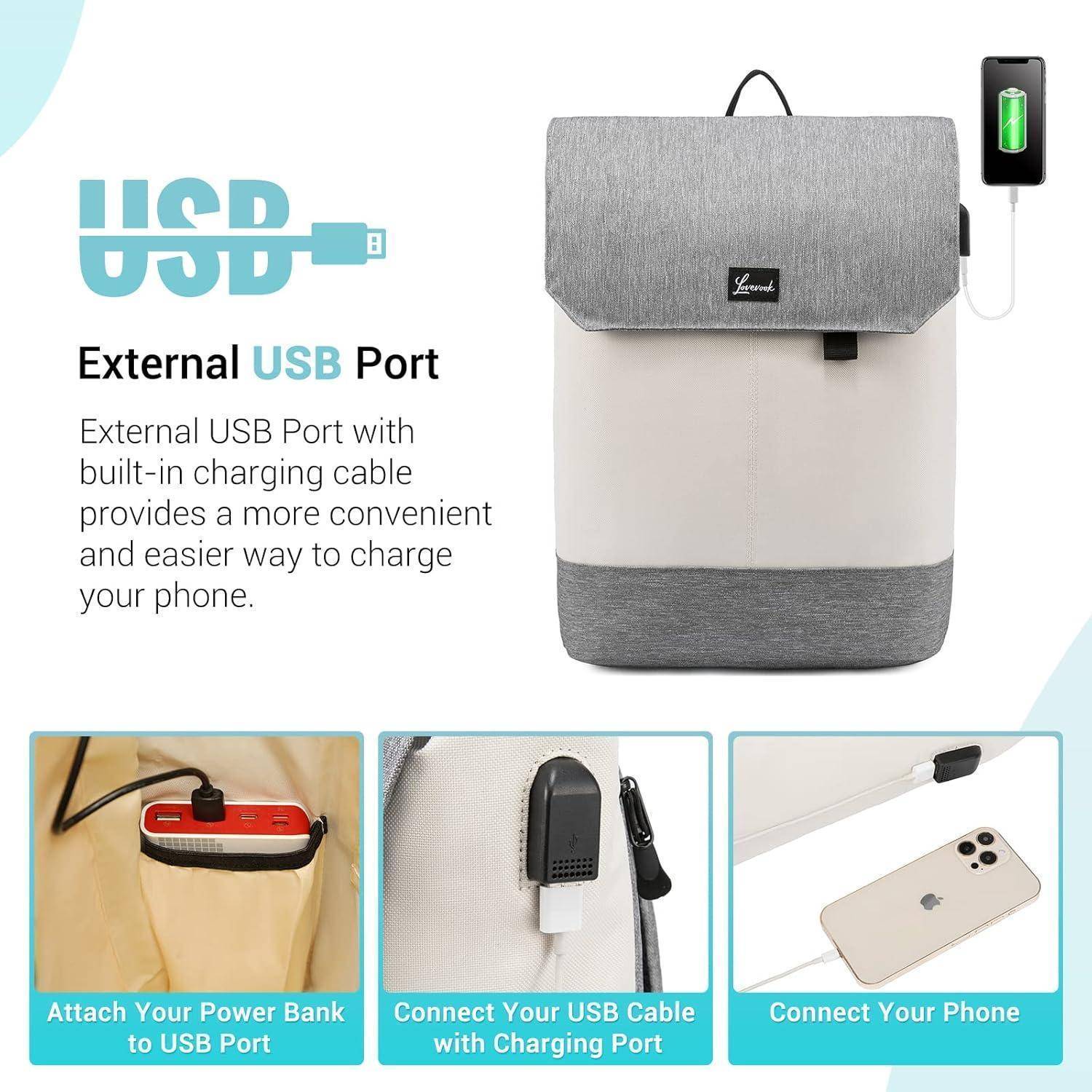 Ein Rucksack mit integriertem USB-Anschluss zum Aufladen von Geräten. Enthält Bilder, die Verbindungen zeigen: Powerbank an USB anschließen, Handy verbinden.
