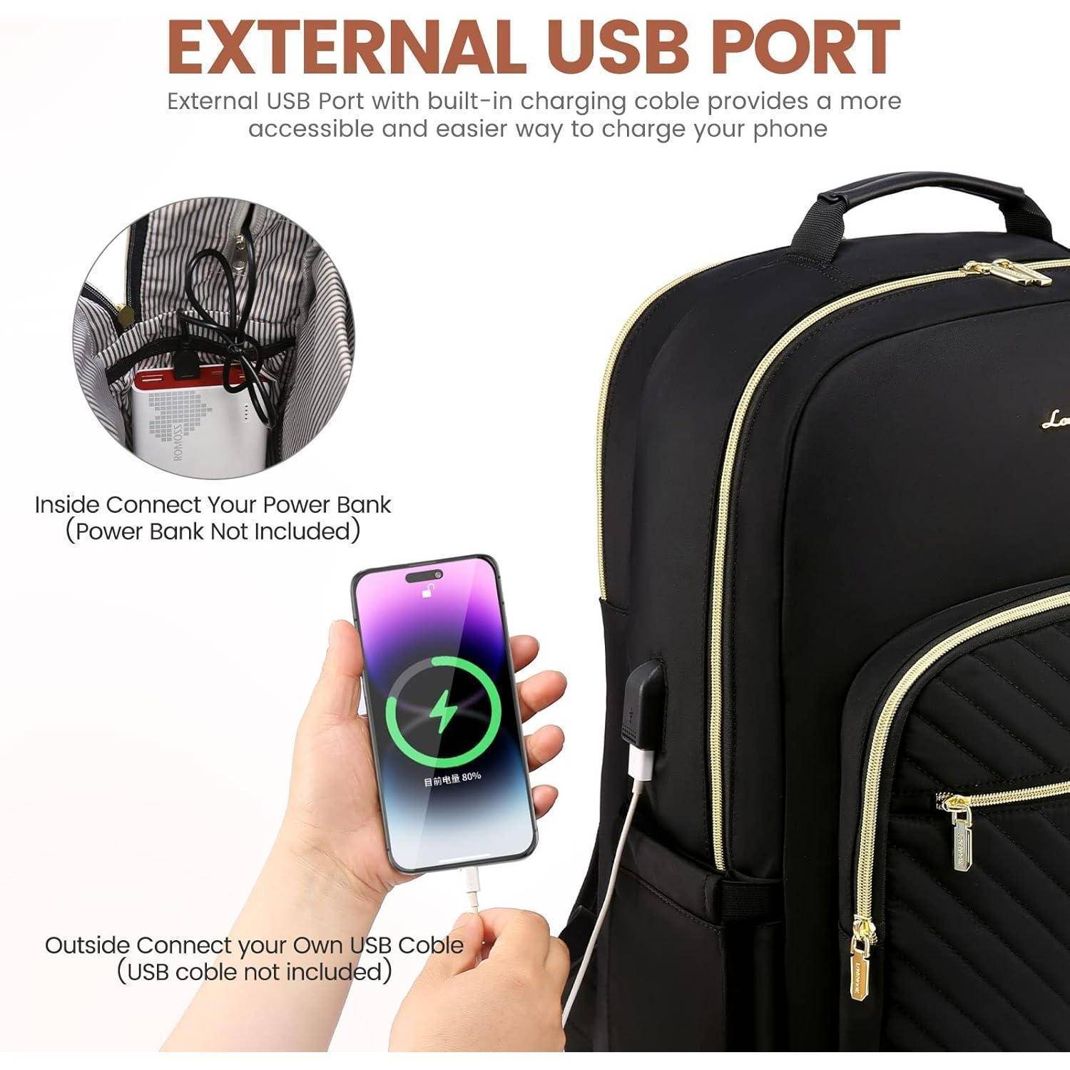 Rucksack Damen 18 Zoll Laptopfach USB Port 18 Zoll A-schwarz