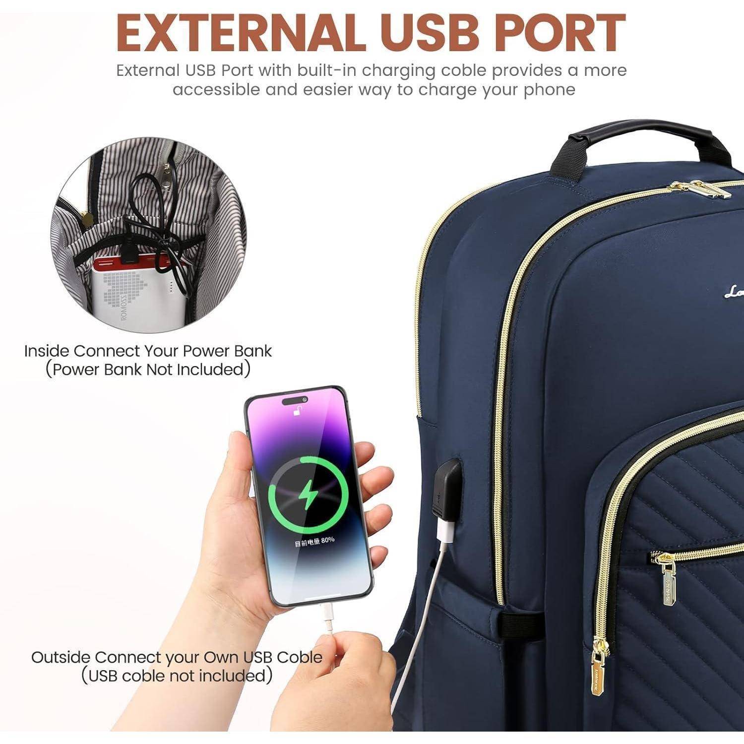 Laptop Rucksack Damen 15,6 Zoll Wasserdicht USB-Ladeanschluss Blau