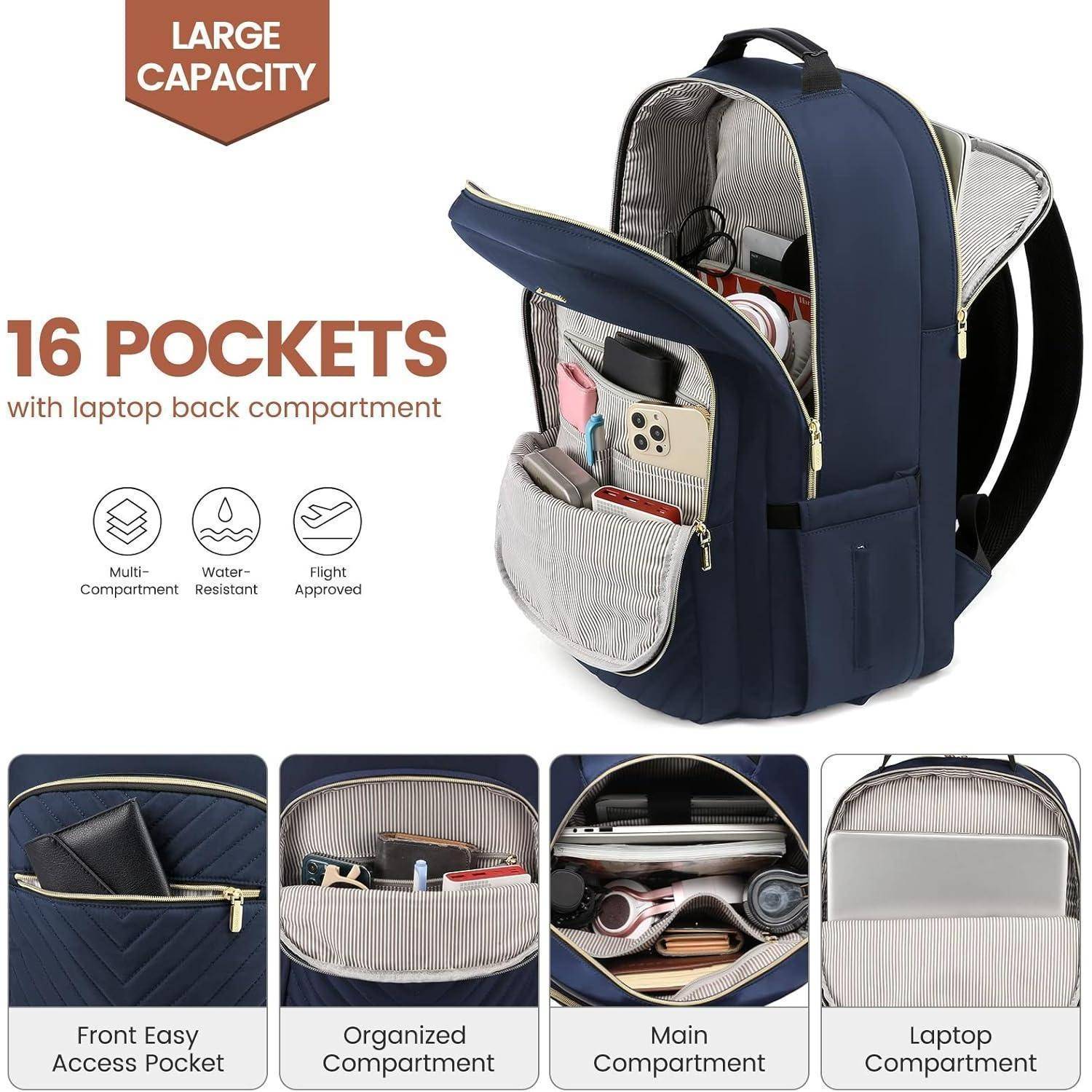 Laptop Rucksack Damen 15,6 Zoll Wasserdicht USB-Ladeanschluss Blau