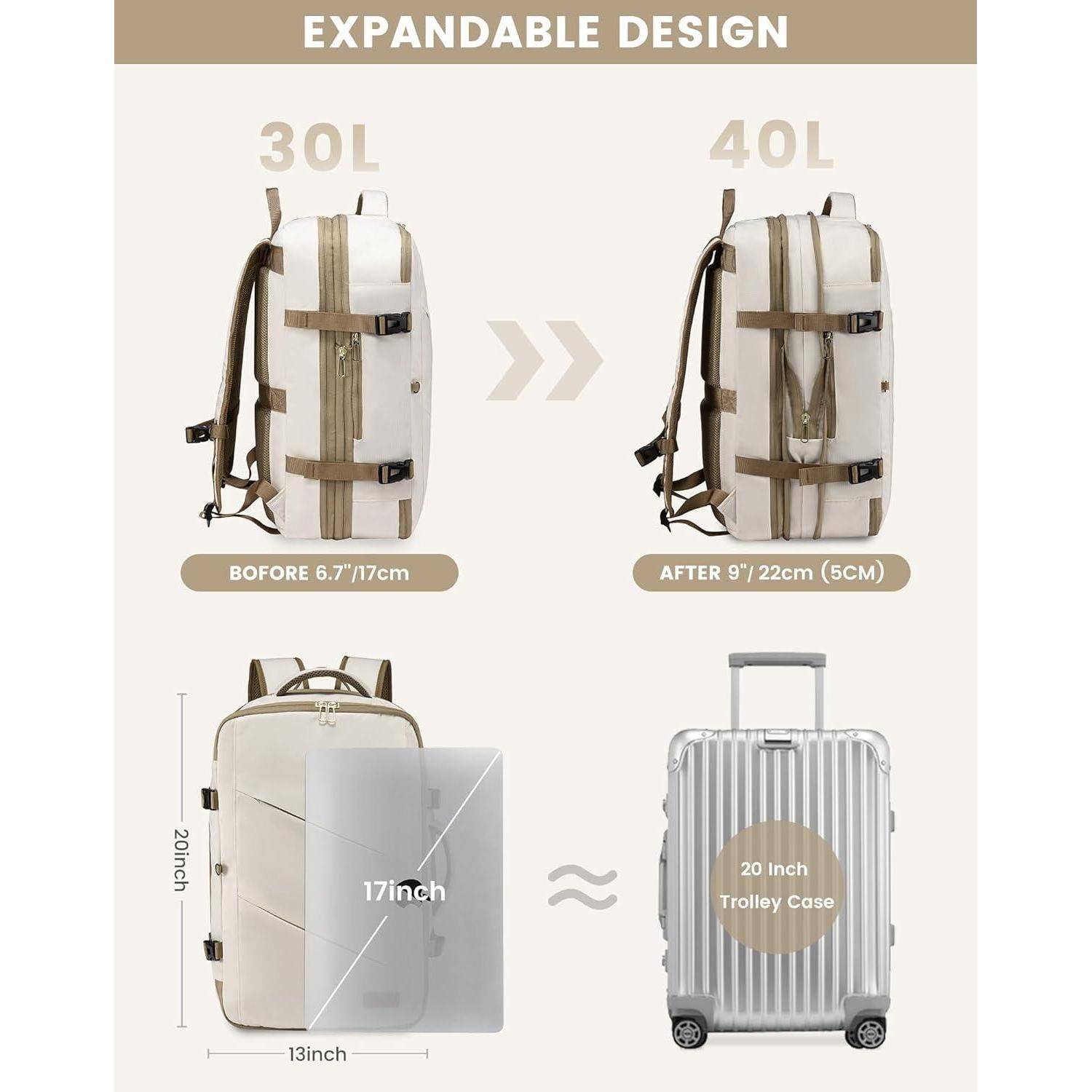 Rucksack Handgepäck Flugzeug 17 Zoll Laptop Travel Business Beige