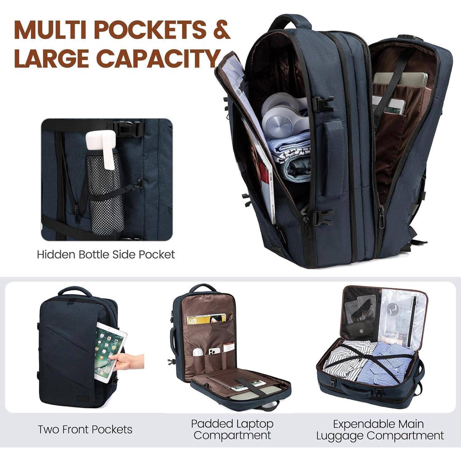 Rucksack mit mehreren Taschen und großem Fassungsvermögen. Zu den Funktionen gehören eine versteckte Flaschentasche, zwei Fronttaschen, gepolstertes Laptopfach und ein erweiterbarer Hauptladeraum.