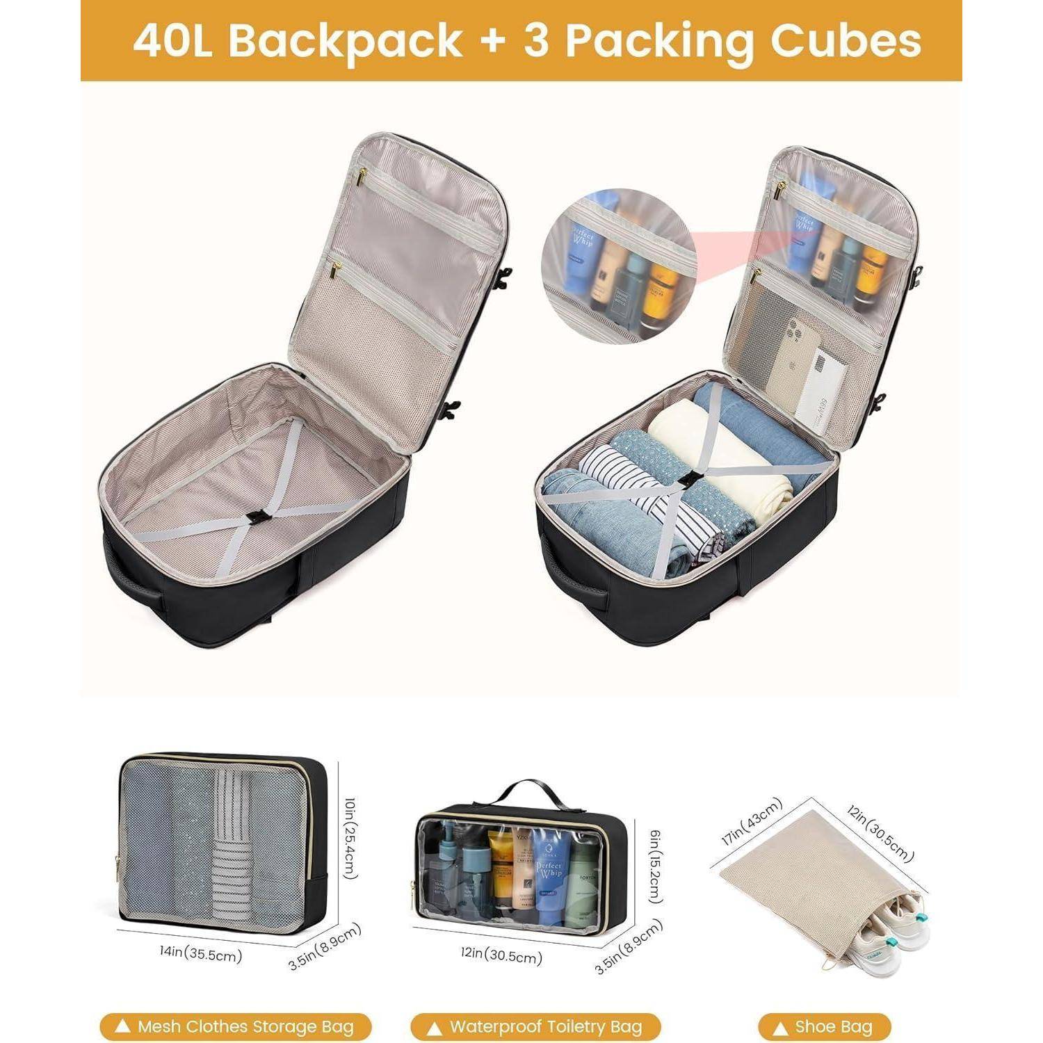 40L Rucksack und 3 Packtaschen'-Set. Rucksack geöffnet mit organisierten Packtaschen: Kleidung, Toilettenartikel, Schuhe. Abmessungen enthalten.