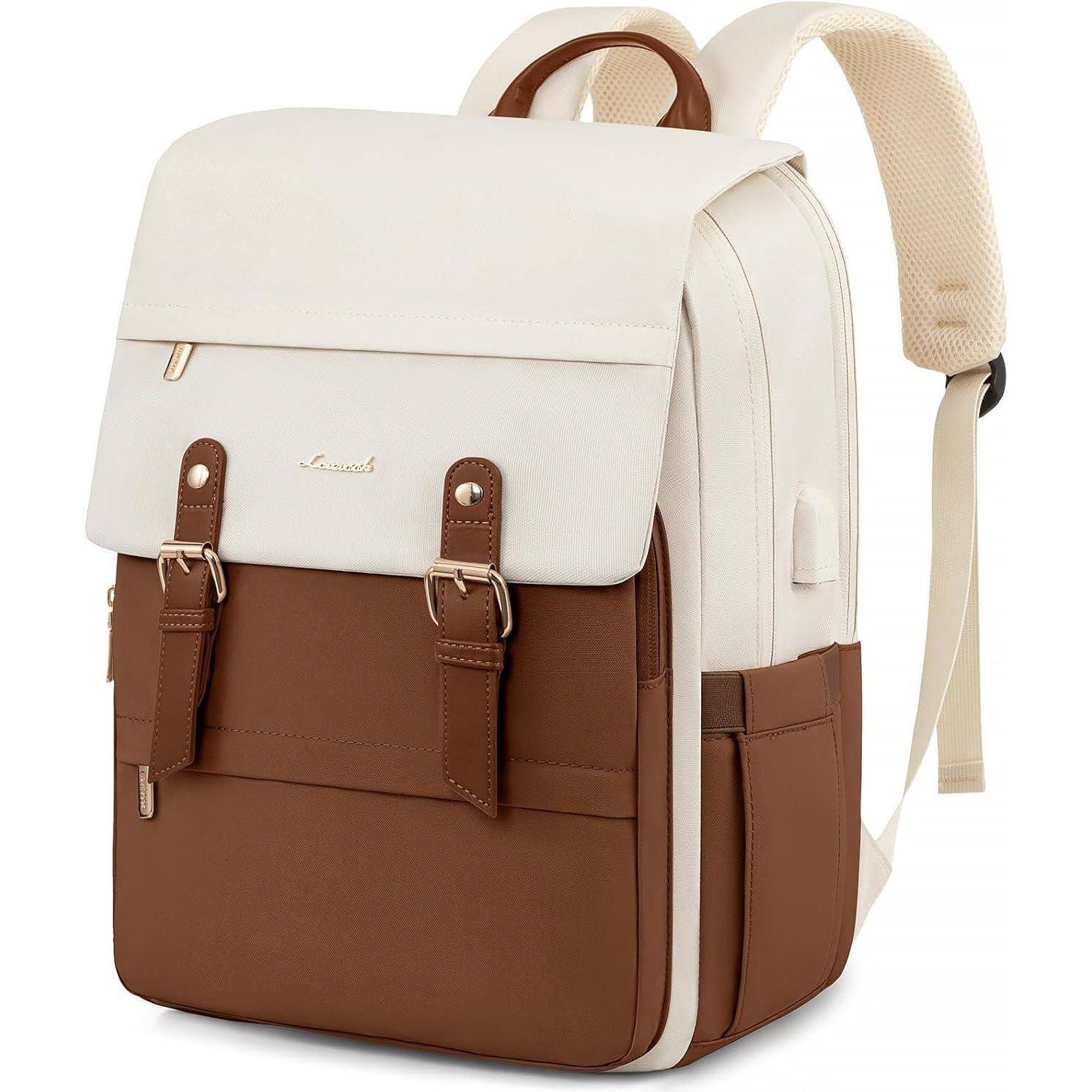 Ein stilvoller Rucksack mit einer cremefarbenen oberen Sektion und einem braunen unteren Bereich, ausgestattet mit zwei vorderen Lederriemen und einem Tragegriff oben.