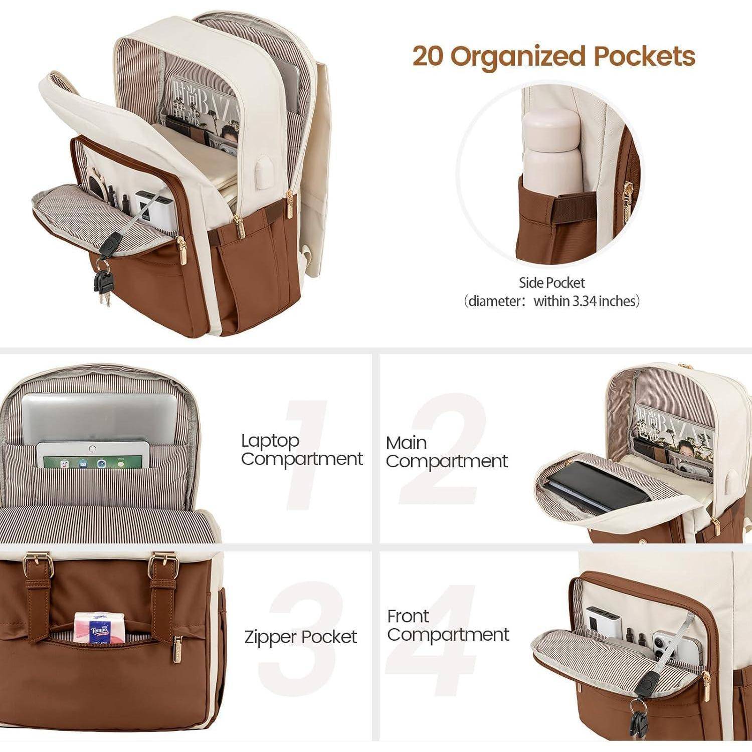 Ein Rucksack mit 20 organisierten Taschen, einschließlich Hauptfach, Laptopfach und Reißverschlusstaschen. Ausgestattet mit Seitentaschen für schnellen Zugriff.