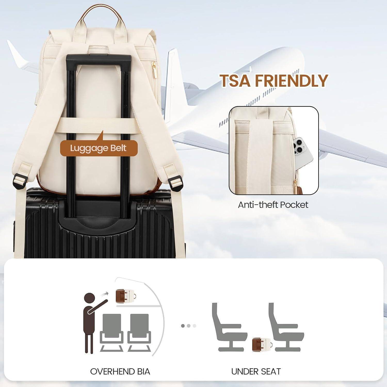 Beiger Rucksack auf Koffer, der einen 'Gepäckgurt' für sicheres Reisen zeigt. Ausgestattet mit Diebstahlschutz-Tasche und passend unter Flugzeugsitz. TSA-freundlich.