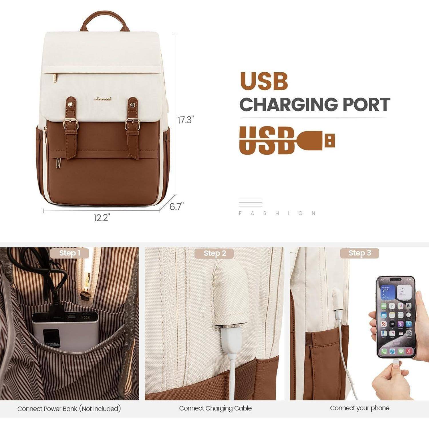 Ein braun-weißer Rucksack mit USB-Ladeanschluss. Die Schritte zeigen das Verbinden eines Powerbanks im Inneren, das Anschließen eines Kabels und das Laden eines Telefons. Rucksackmaße: 17,3 x 12,2 x 6,7 Zoll.