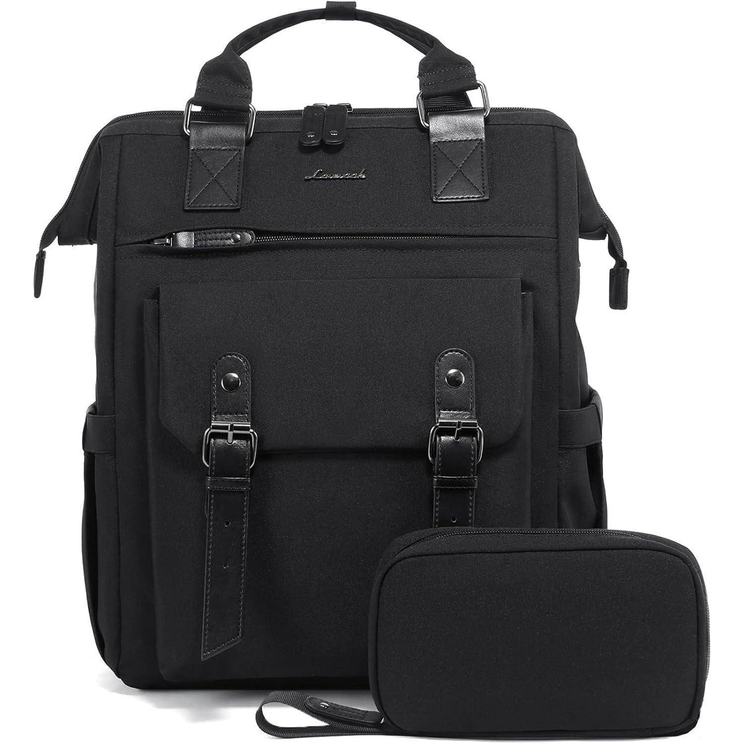 Schwarzer Rucksack mit minimalistischem Design, ausgestattet mit zwei vorderen Schnallentaschen und einem Tragegriff oben. Eine passende Reißverschlusstasche ist im Lieferumfang enthalten.