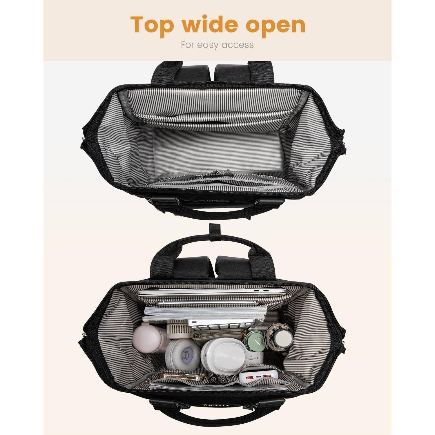 Oberes Bild: Leere Tragetasche mit weiter, offener Öffnung für einfachen Zugriff. Unteres Bild: Dieselbe Tragetasche gefüllt mit verschiedenen Gegenständen, die eine organisierte Aufbewahrung zeigt.