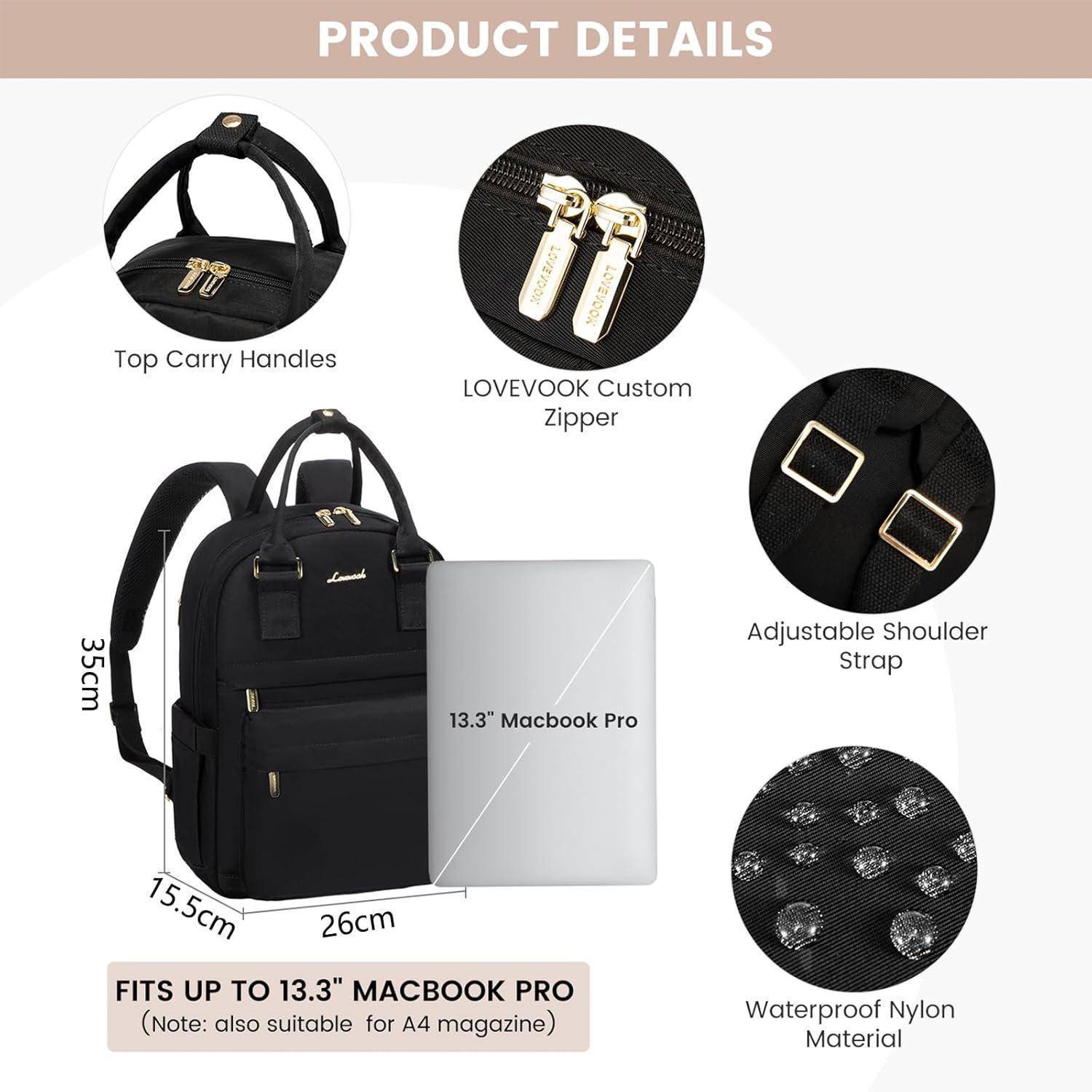 13,3 Zoll Damen Rucksack Wasserdicht Schwarz Elegant für Schule Reisen