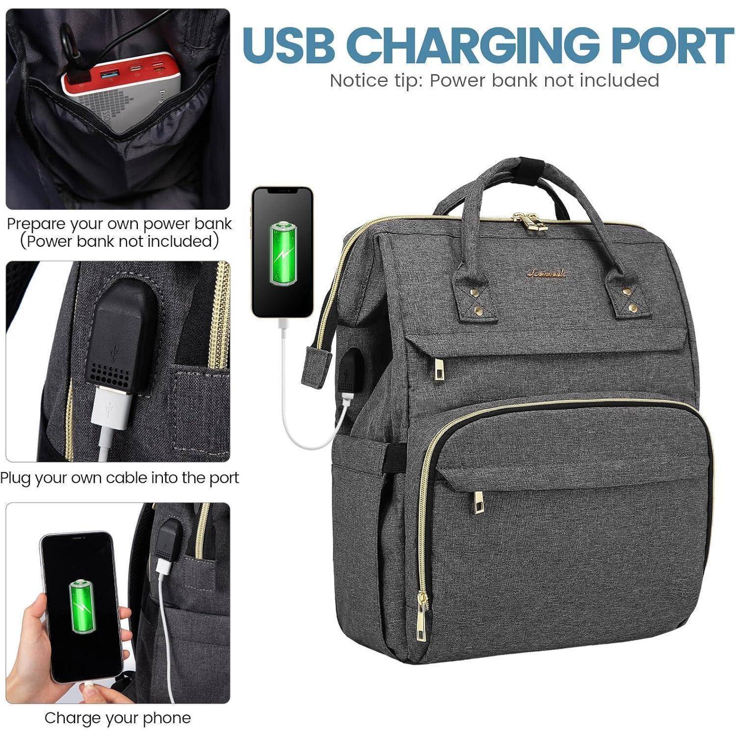 Rucksack mit USB-Ladeanschluss. Schritte: Powerbank vorbereiten, Kabel einstecken, Handy aufladen. Hinweis: Powerbank nicht im Lieferumfang enthalten.