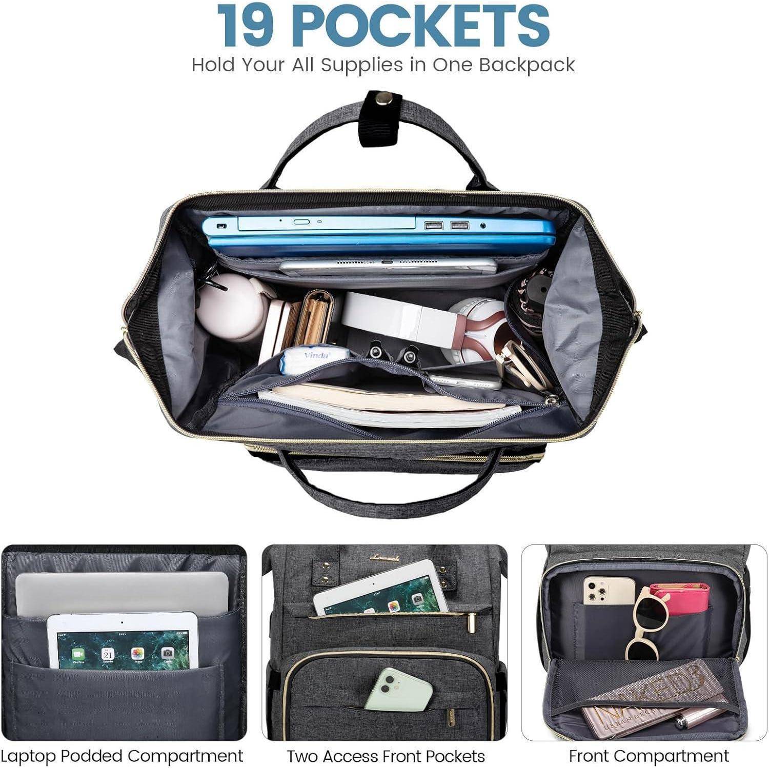 Ein schwarzer Rucksack mit mehreren Fächern, darunter ein Laptopfach und Frontbereiche mit Zugang, der verschiedene Gegenstände wie einen Laptop, Sonnenbrille und Handy enthält.