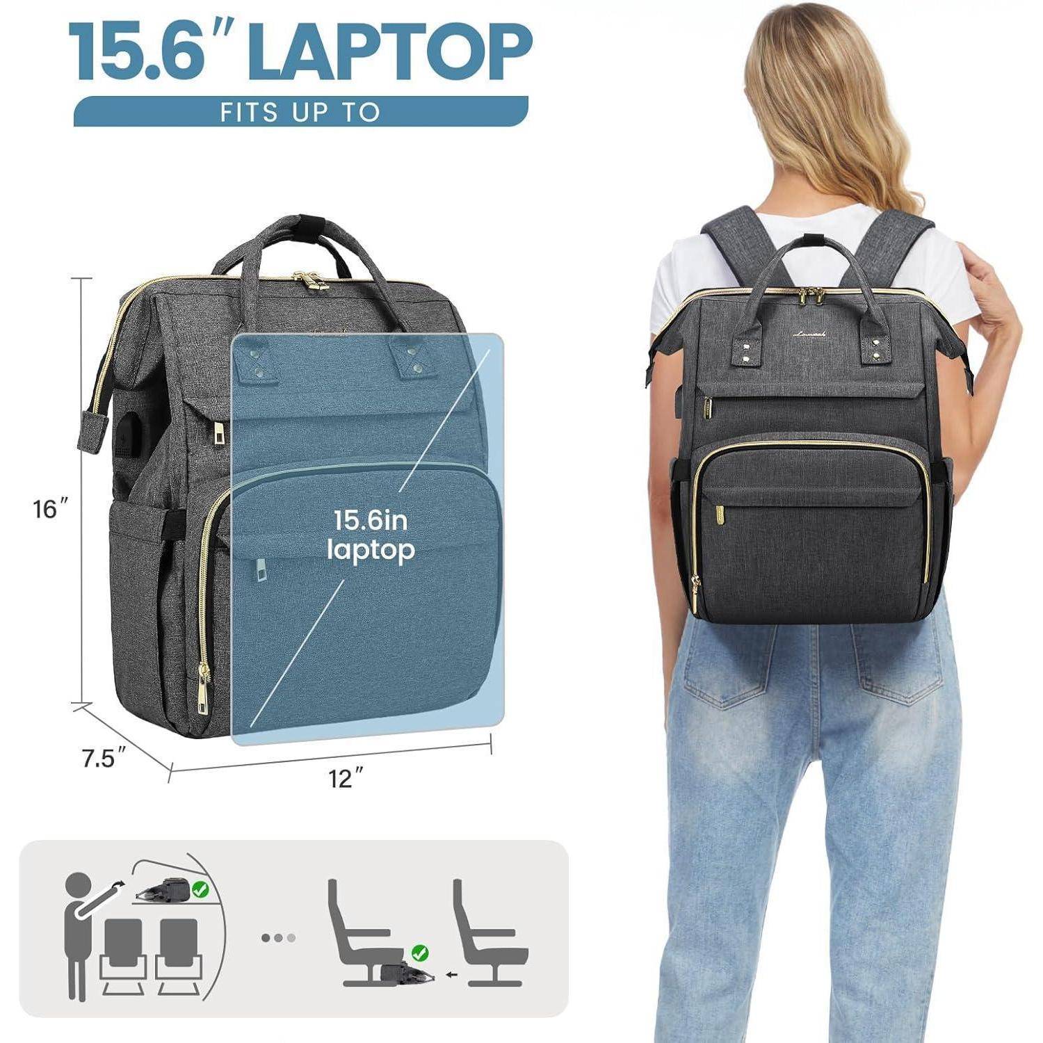 Eine Frau, die einen schwarzen Rucksack trägt, der einen Laptop von 15,6 Zoll aufnehmen kann. Der Rucksack verfügt über mehrere Fächer und hat folgende Abmessungen: 16 Zoll hoch, 7,5 Zoll tief und 12 Zoll breit.