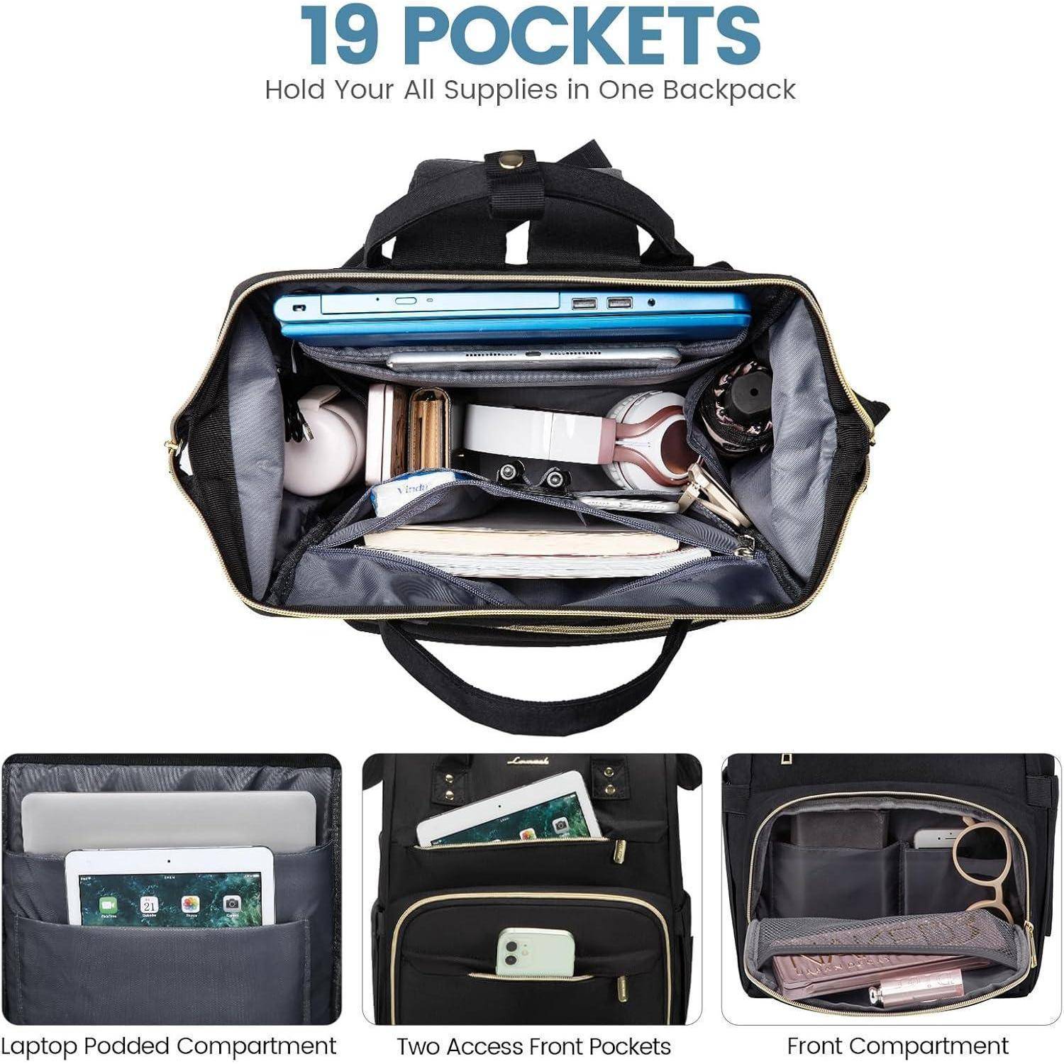 Offener Rucksack mit 19 Fächern, der Stauraum für einen Laptop, Kopfhörer, Tablet und andere Essentials präsentiert. Enthält 3 detaillierte Nahaufnahmen von Fächern.