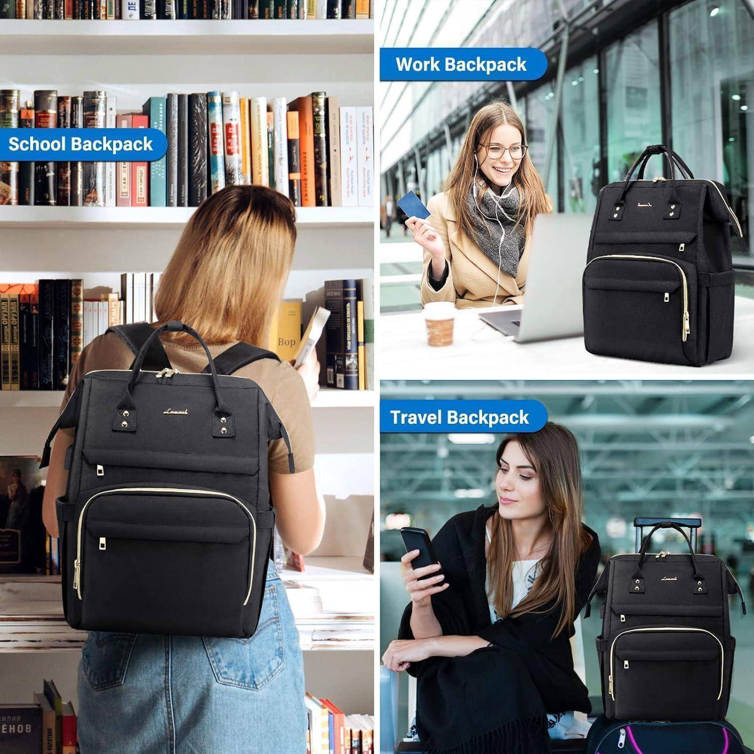 Schulrucksack': Person in Bibliothek mit schwarzem Rucksack; 'Arbeitsrucksack': Professionelle Umgebung, Frau mit Laptop und Rucksack; 'Reiserucksack': Frau am Bahnhof, trinkt etwas, mit Rucksack.