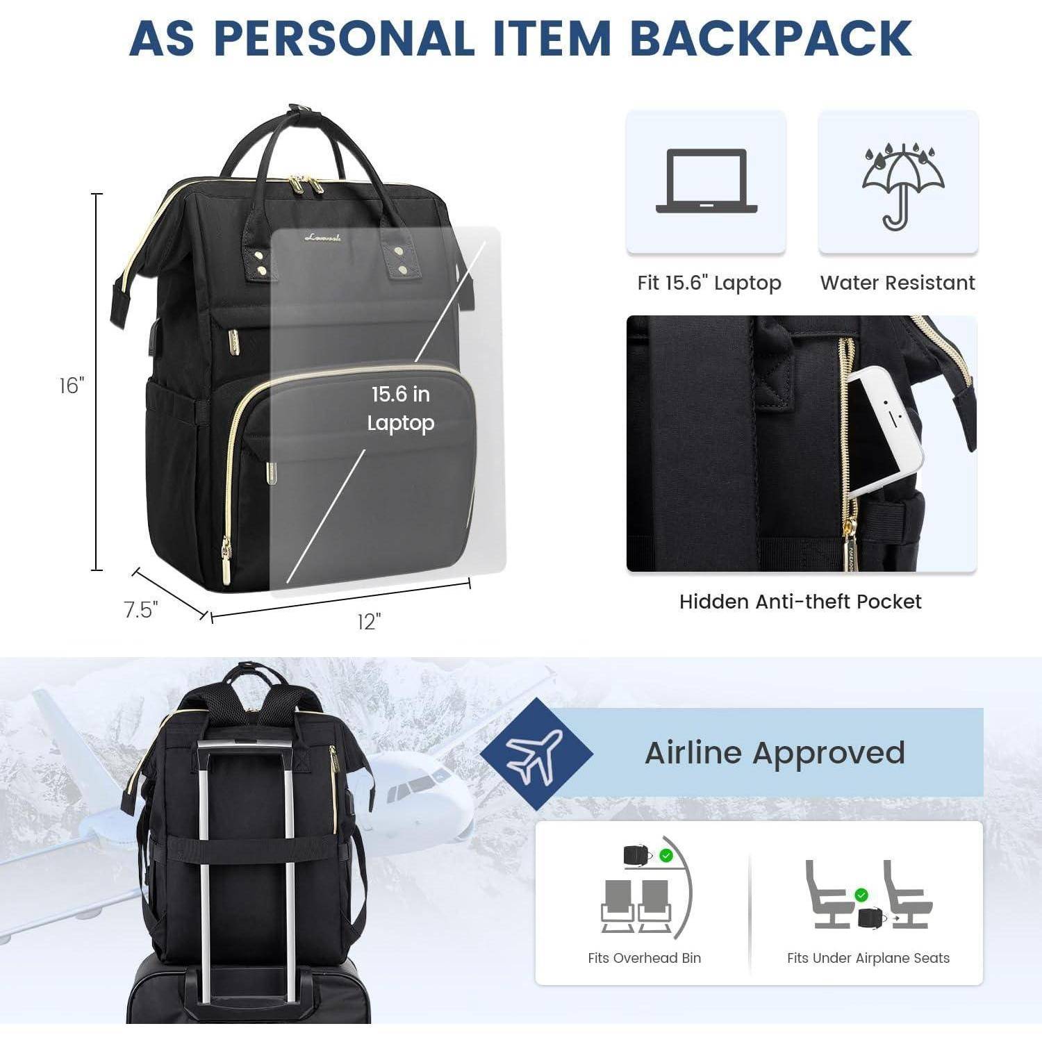 Rucksack geeignet als persönliches Gepäckstück, passend für Laptop bis 15,6 Zoll, wasserabweisend, mit versteckter Diebstahlschutz-Tasche, für Fluggesellschaften zugelassen.