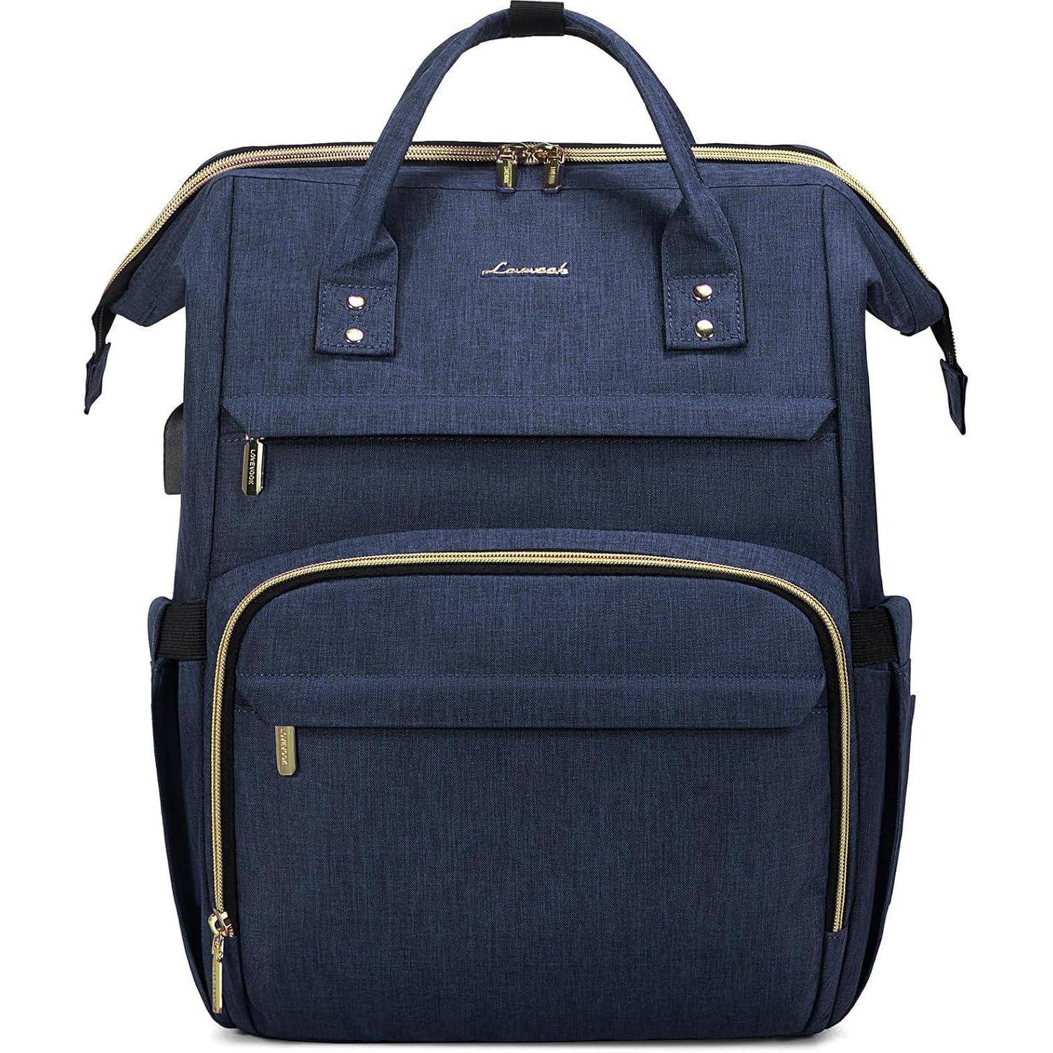 Ein blauer Rucksack mit mehreren Reißverschlusskompartimenten und Seitentaschen, ausgestattet mit einem Tragegriff am Kopfende und gepolsterten Trägern.