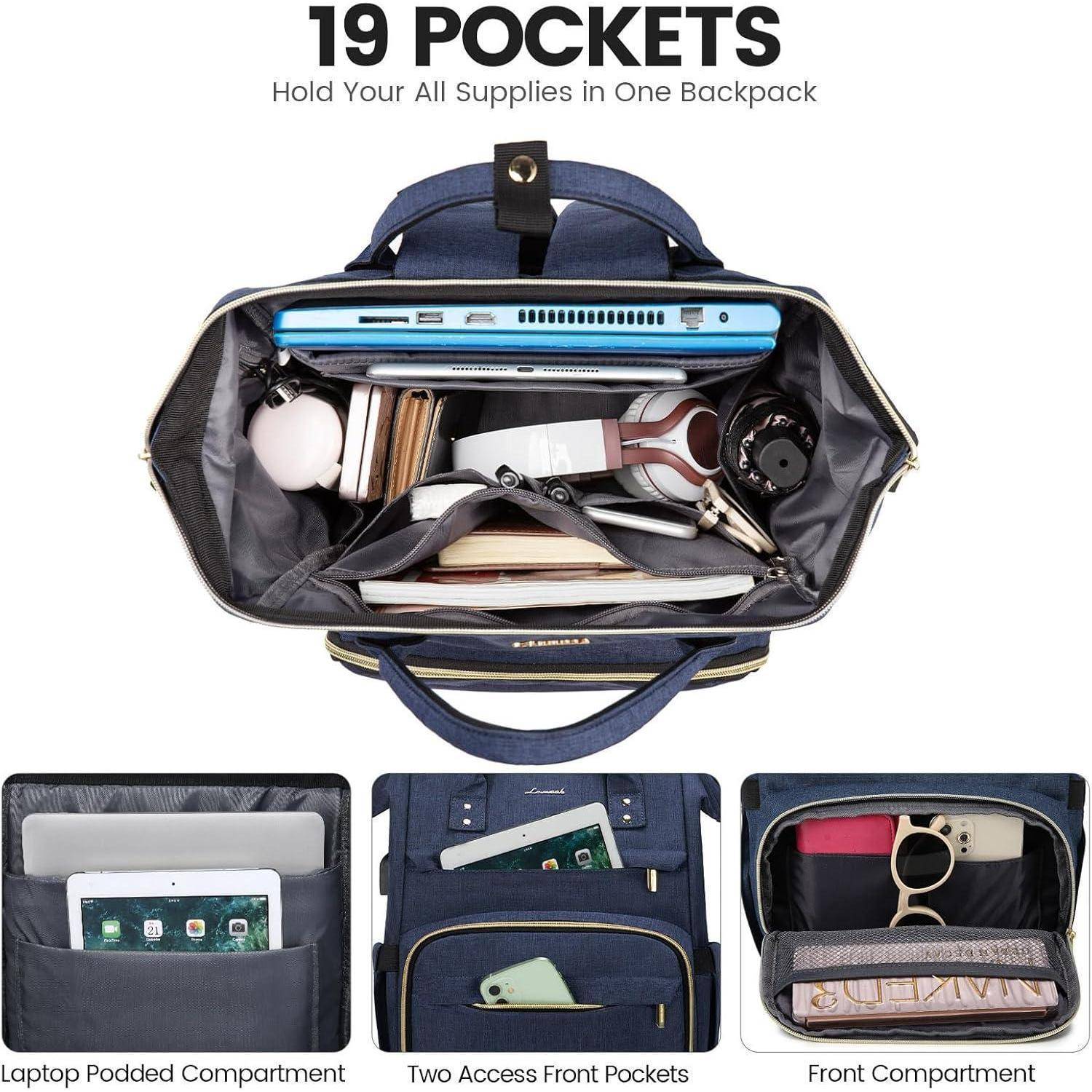 Rucksack mit 19 Taschen, Ansicht geöffnet, der einen Laptop, Bücher und verschiedene Gegenstände enthält. Verfügt über dedizierte Laptop- und Zugriffstaschen.