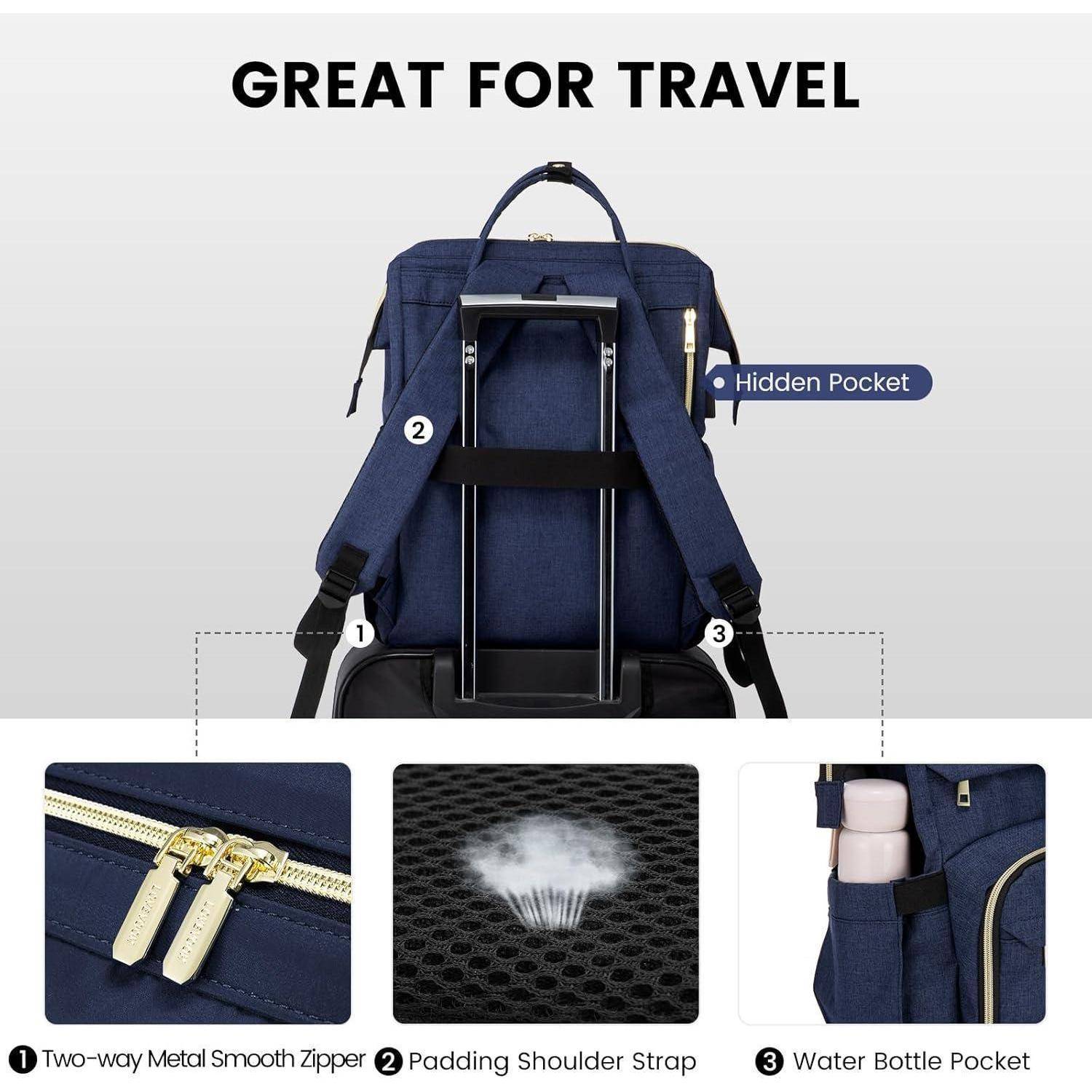 Ein Marine-Reiserucksack auf Gepäck mit einer versteckten Tasche und Wasserflaschenhalterung. Highlights: glatte Reißverschlüsse, gepolsterte Träger, atmungsaktiver Rücken.