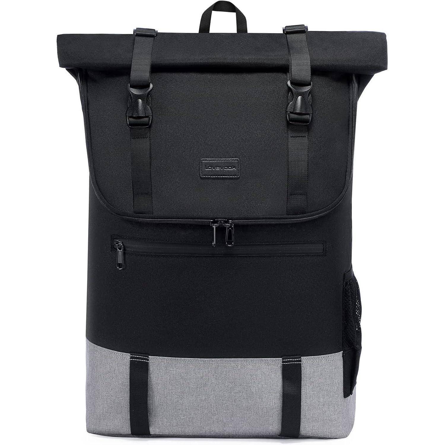 Ein schwarzer und grauer Roll-Top-Rucksack mit Schnallen, Reißverschlusstasche an der Vorderseite und einer Netzseite-Tasche, konzipiert für urbane Nutzung.