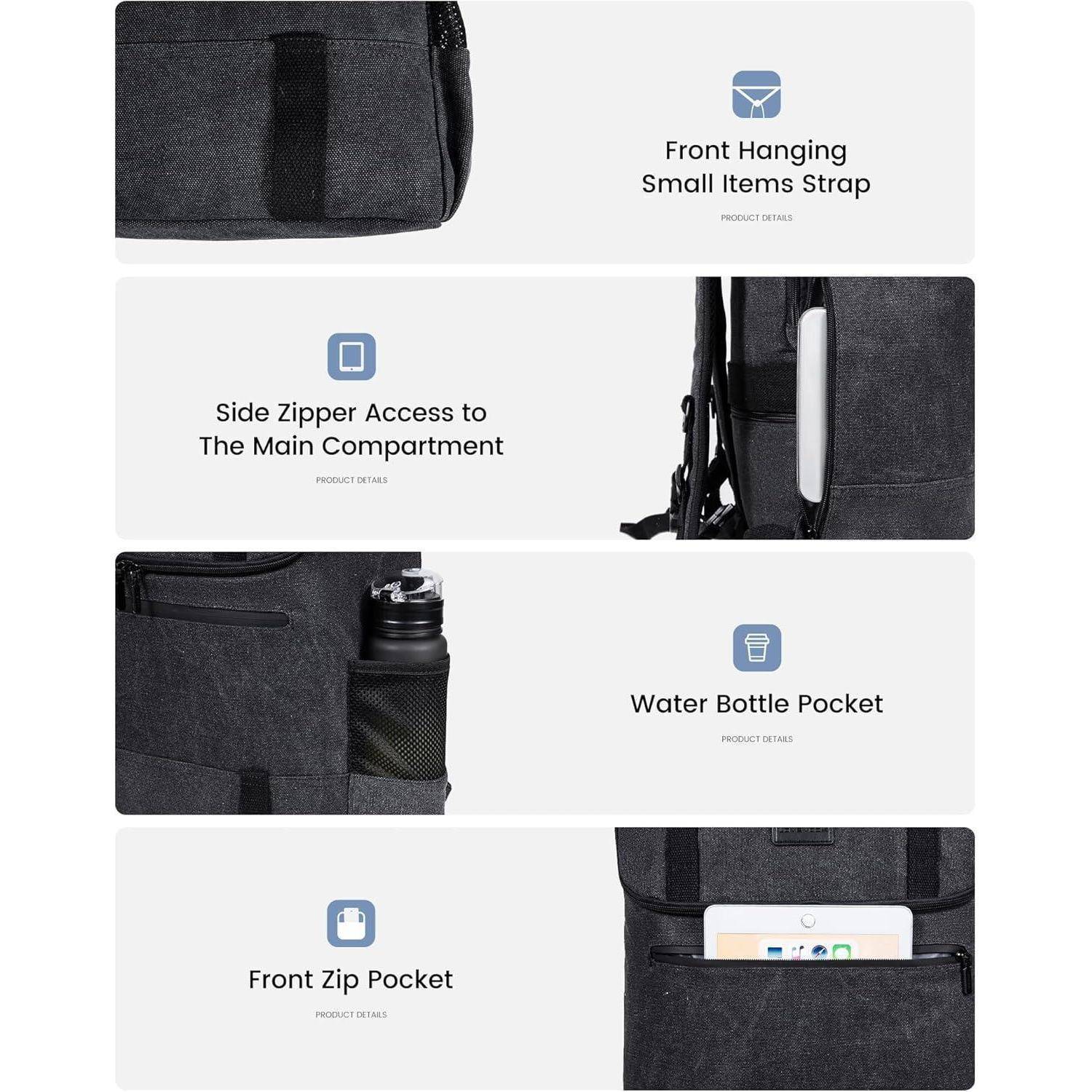 Das Bild zeigt Abschnitte eines Rucksacks mit einem vorderen Trageriemen, einem seitlichen Reißverschluss für das Hauptfach, einer Wasserflaschentasche und einer vorderen Reißverschlusstasche.