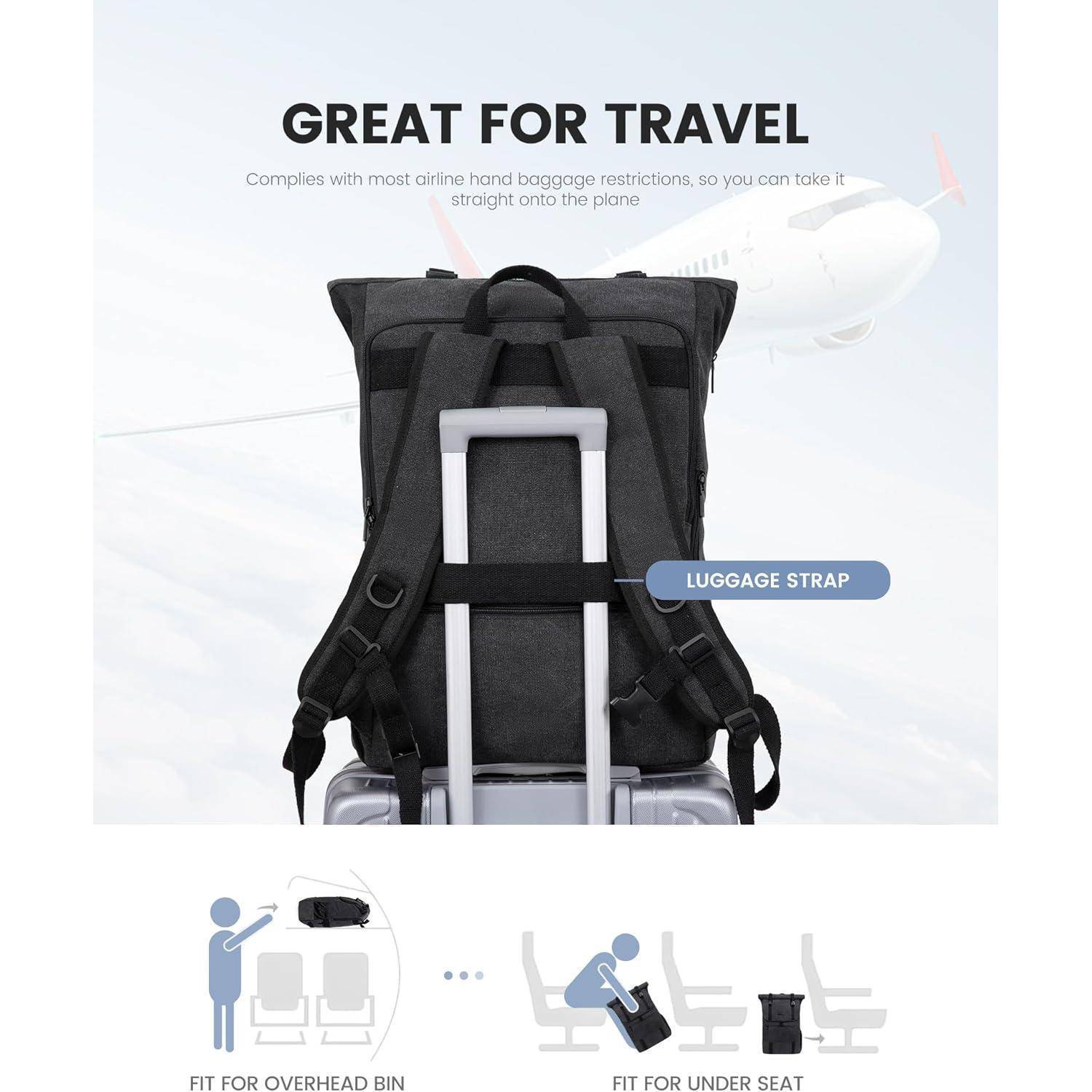 Ein schwarzer Rucksack mit einem Gepäckgurt ist an einem Rollkoffer befestigt. Text: 'PERFEKT FÜR REISEN' und 'Entspricht den meisten Handgepäckbestimmungen der Fluggesellschaften'.