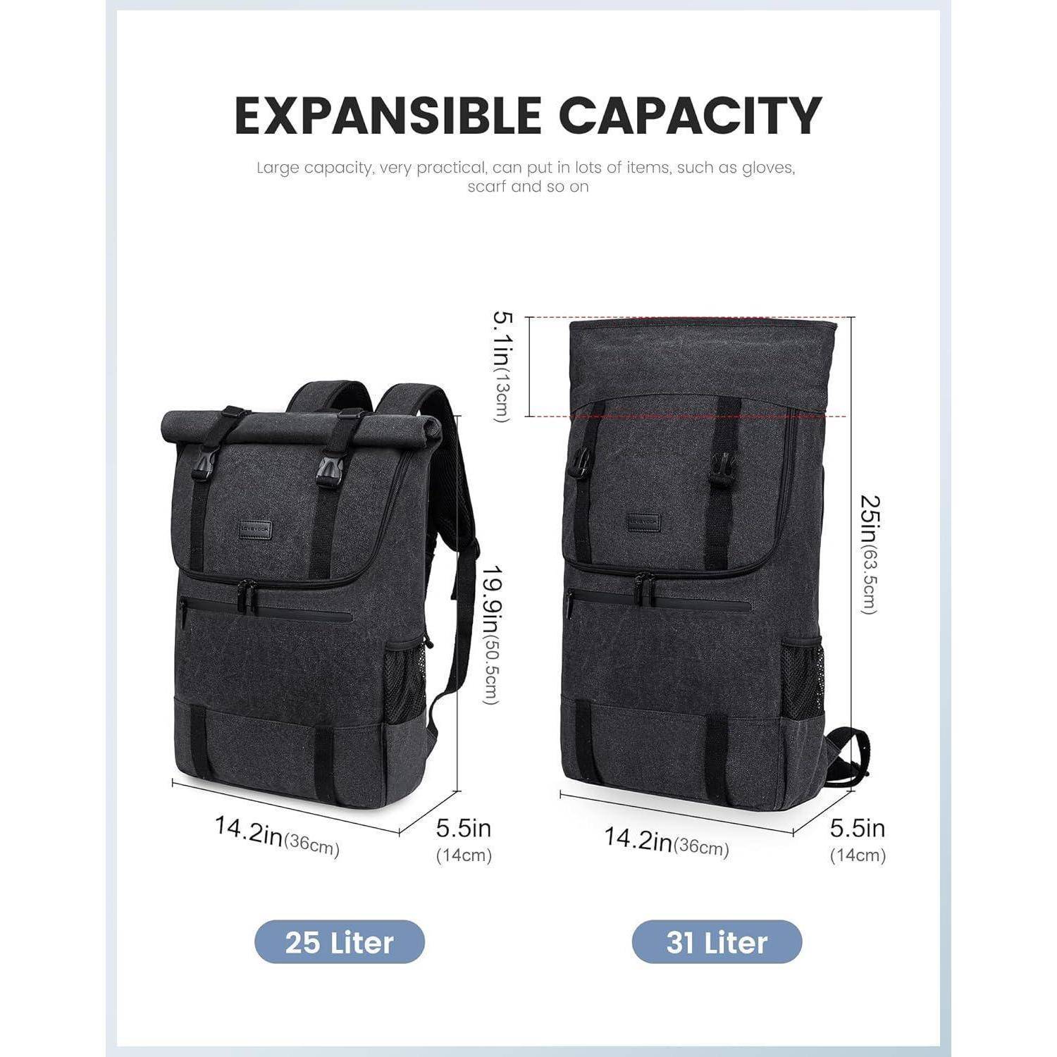 Ein Vergleichsbild von zwei Rucksäcken zeigt die Abmessungen für einen 25-Liter- (14,2 cm x 5,5 cm x 19,9 cm) und einen 31-Liter- (14,2 cm x 5,5 cm x 25 cm) Rucksack.