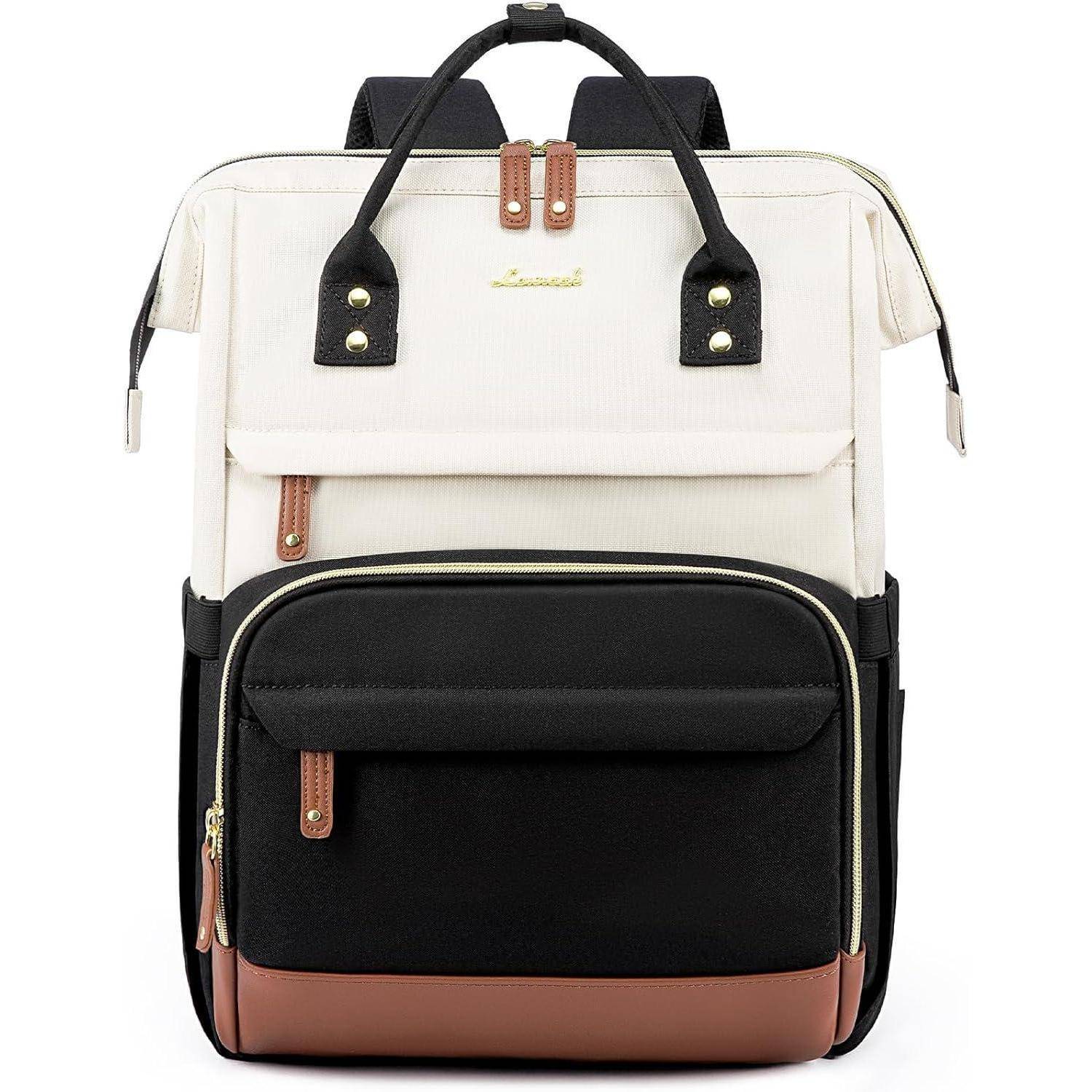 Ein zweifarbiger Rucksack mit schwarzen, weißen und braunen Lederakzenten, ausgestattet mit mehreren Fächern und robusten Schulterträgern.