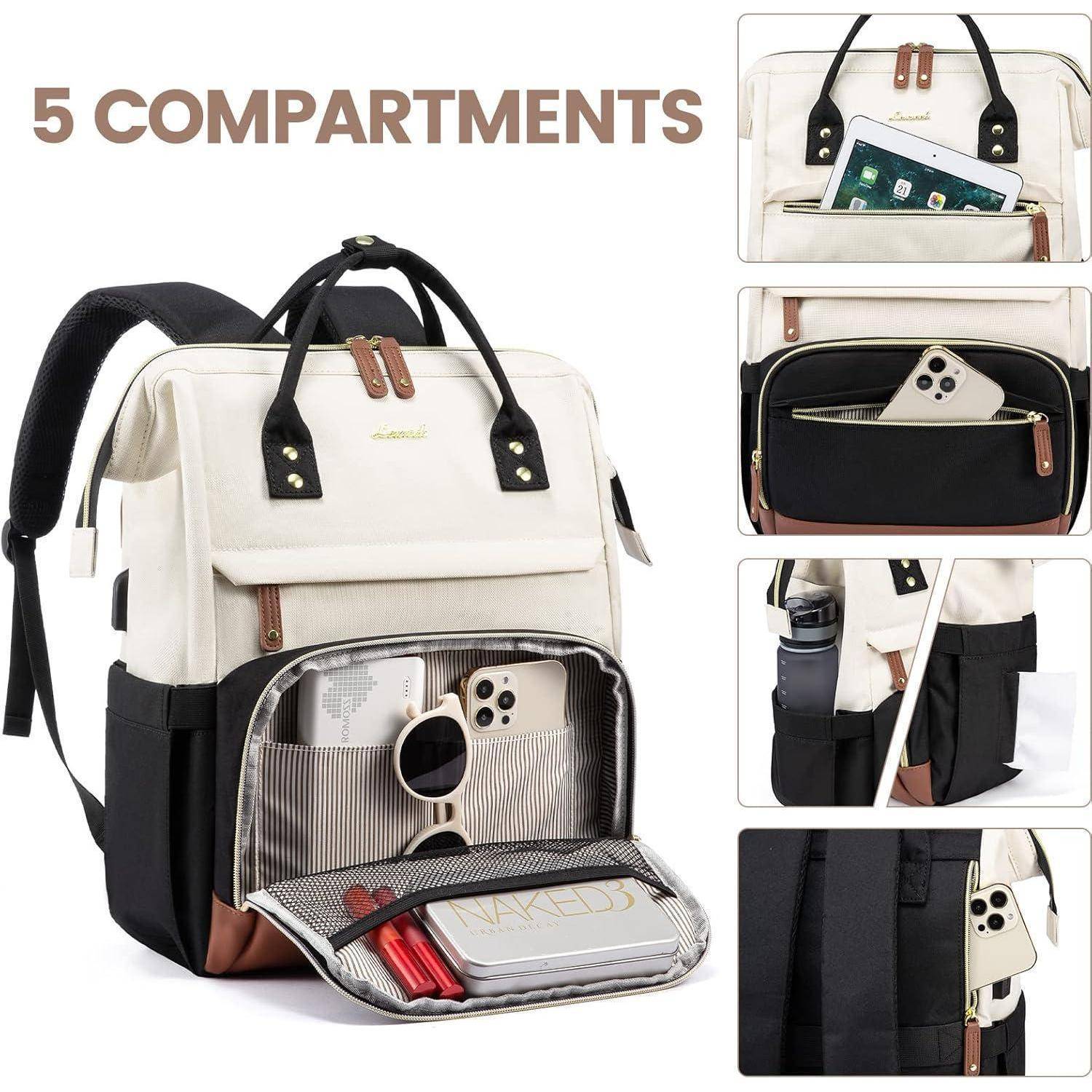 Rucksack mit Beschriftung '5 Fächer', mit einem Stauraum für ein Tablet, Handy, Notizbuch, Stifte und eine Wasserflasche für organisiertes Tragen.