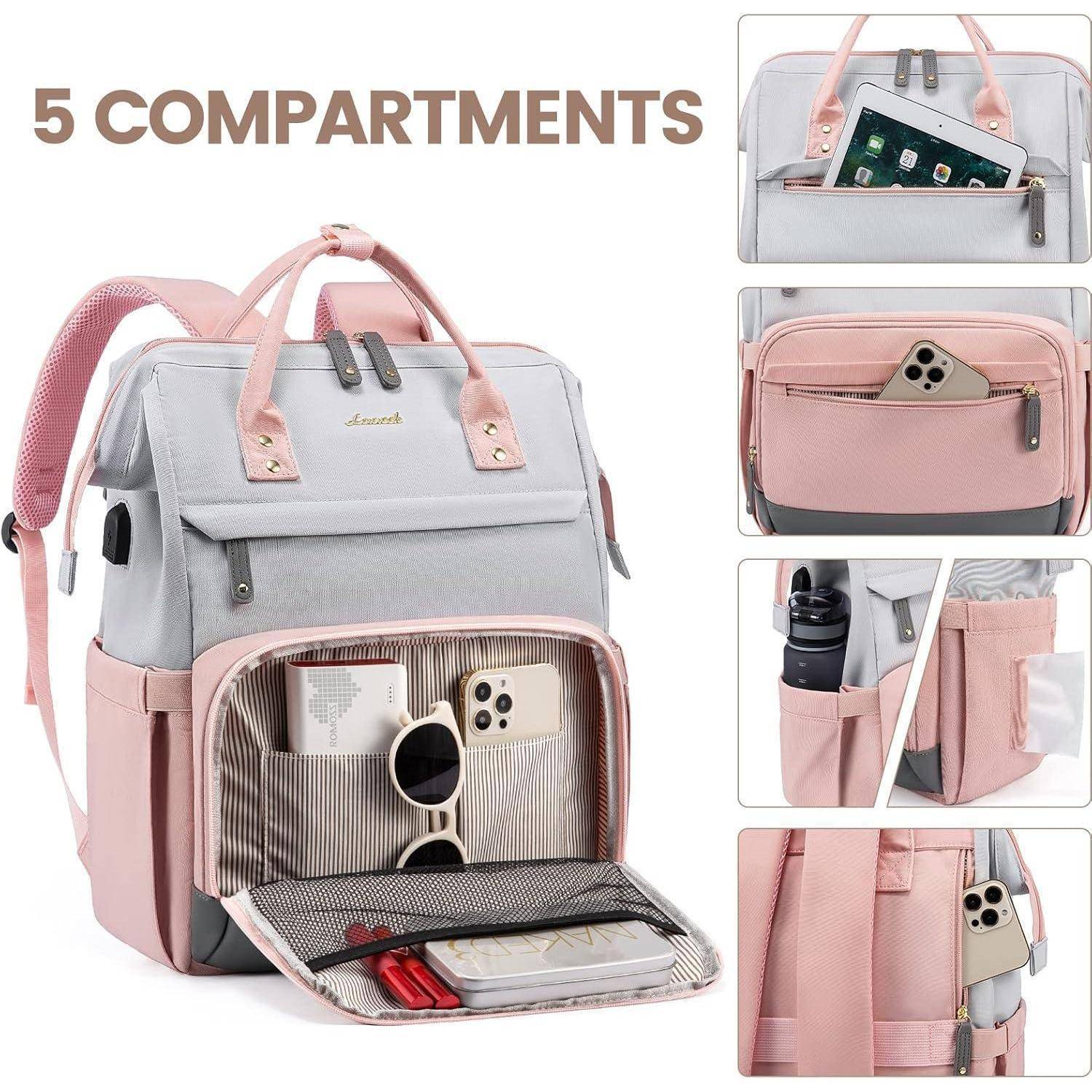 Rucksack mit Beschriftung '5 Fächer'; Funktionen umfassen Abschnitte für Tablets, Telefone, Wasserflaschen und mehr; rosa und grau designt.