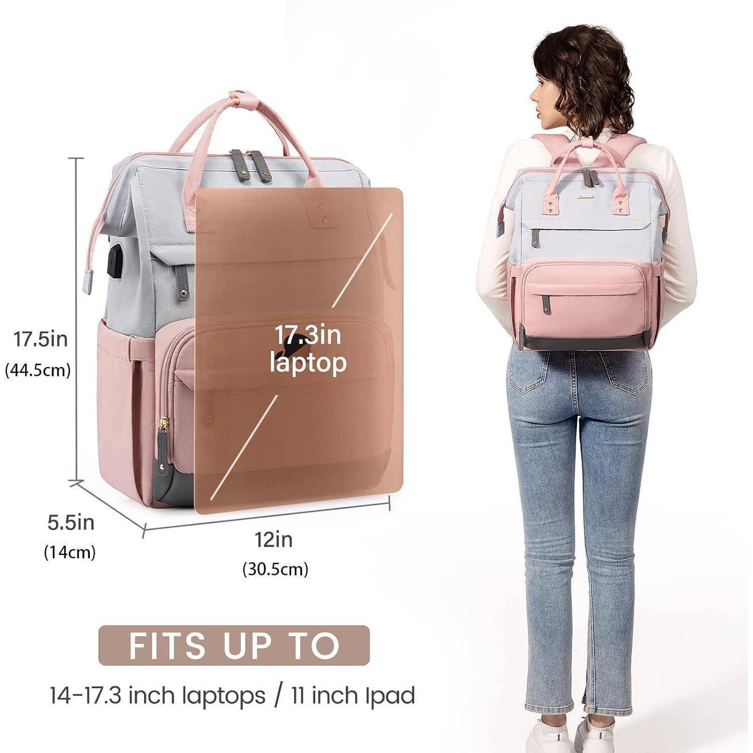 Rucksack mit Abmessungen (44 cm x 30,5 cm x 14 cm) präsentiert, beworben für Laptops von 14-17,3 Zoll und 11-Zoll-iPads, auf einer Frau getragen.